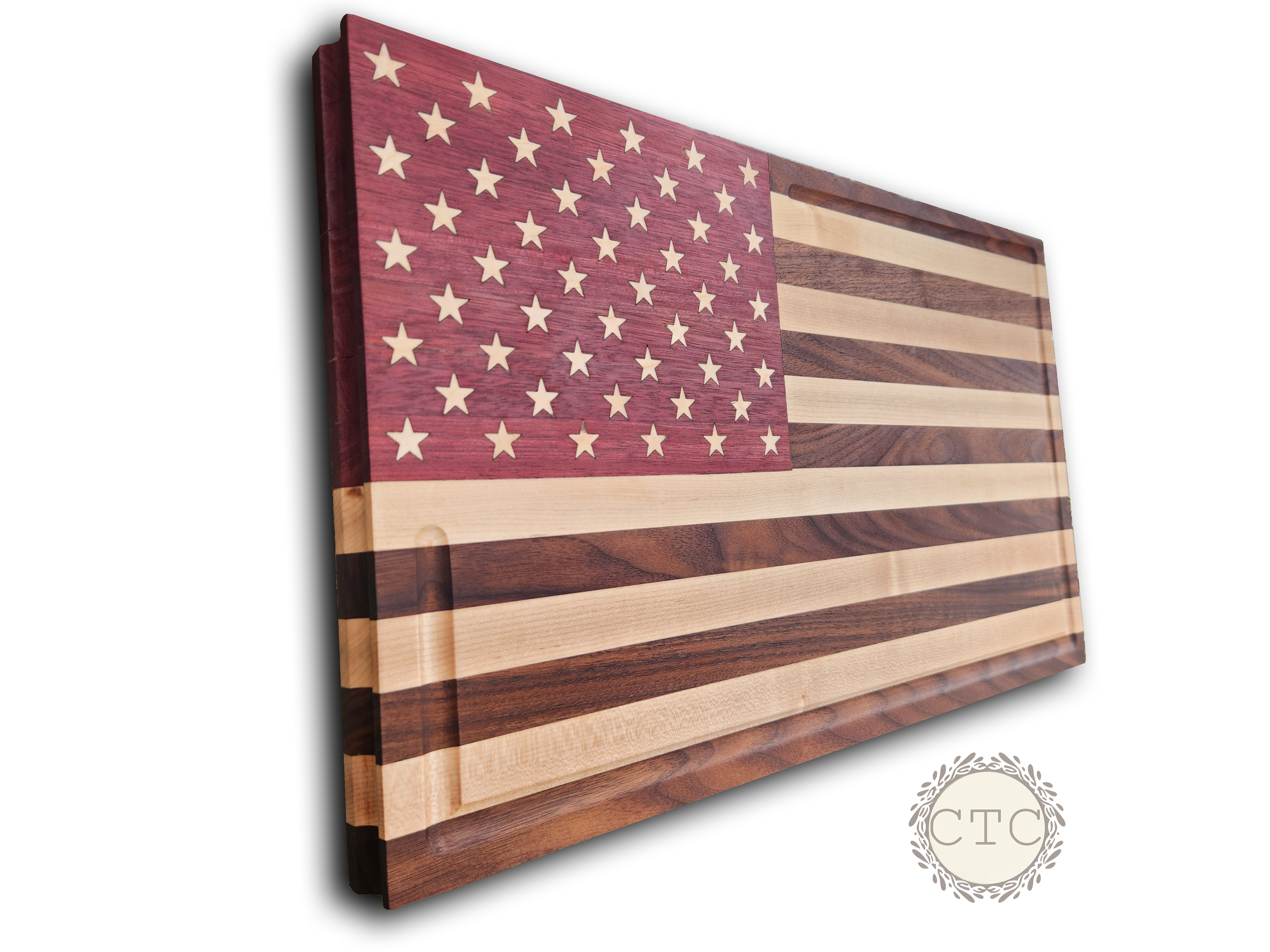 American Flag Edge Grain Cutting Board with Maple Star Inlay ~ Purpleheart, Walnut, and Maple