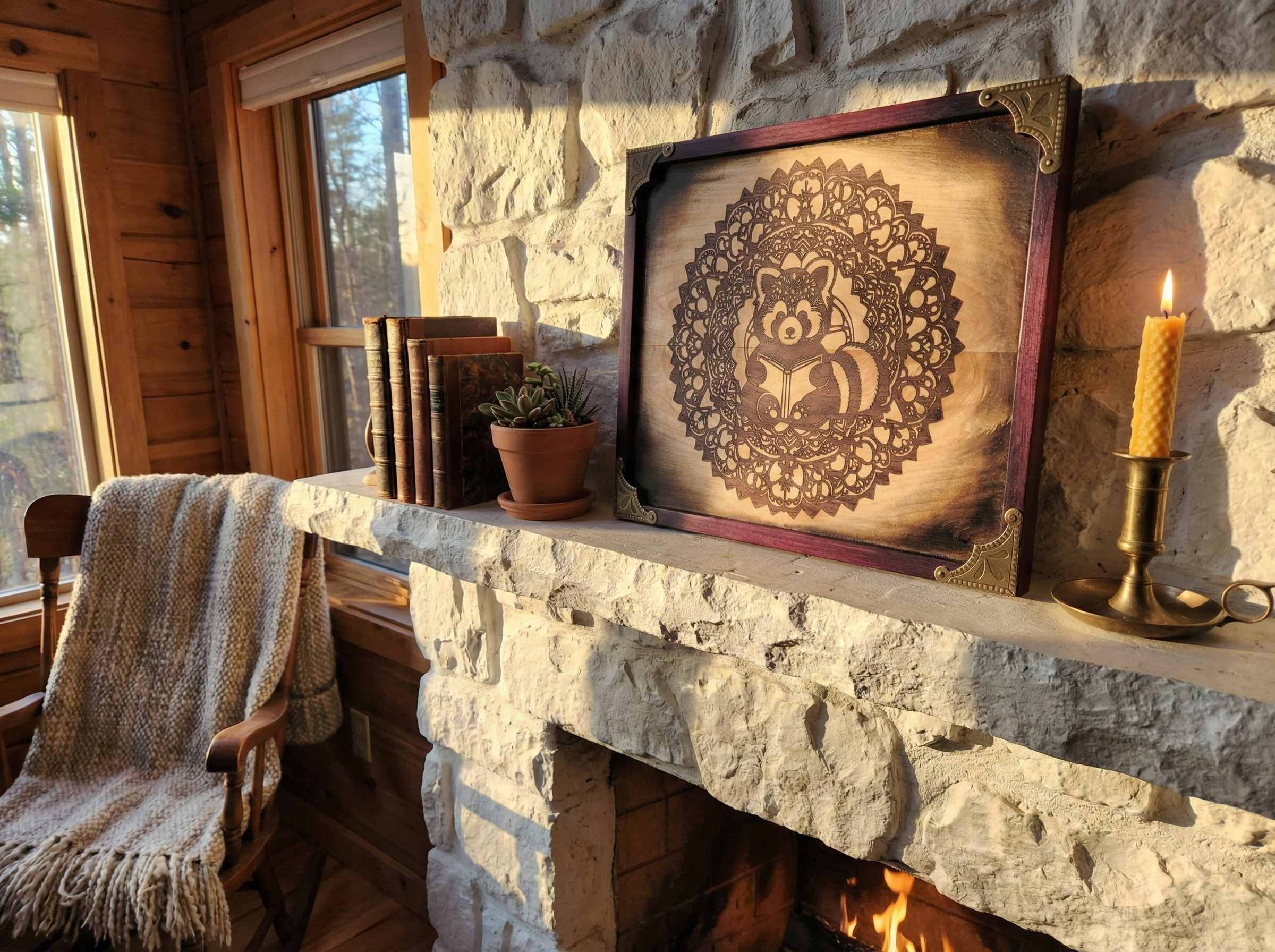 Red Panda 'bookworm' Mandala Inlay Wall Art ~ Maple, Walnut & Purpleheart Wood Decor