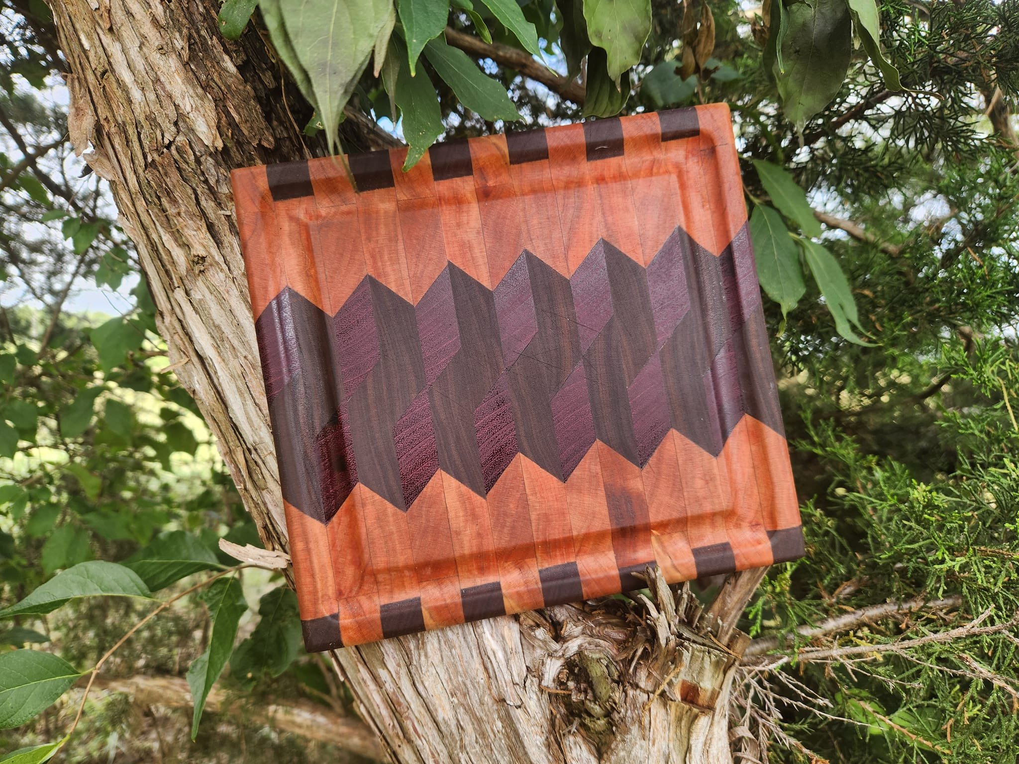 Small End Grain Cutting Board ~ Cherry, Purpleheart, and Walnut Screw Pattern