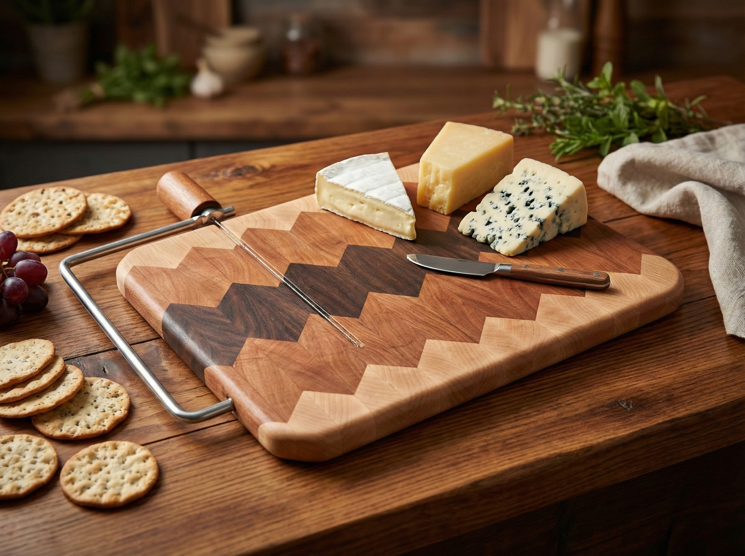 End Grain Cheese Board: Cherry, Maple, Walnut with Integrated Wire Cheese Cutter Option