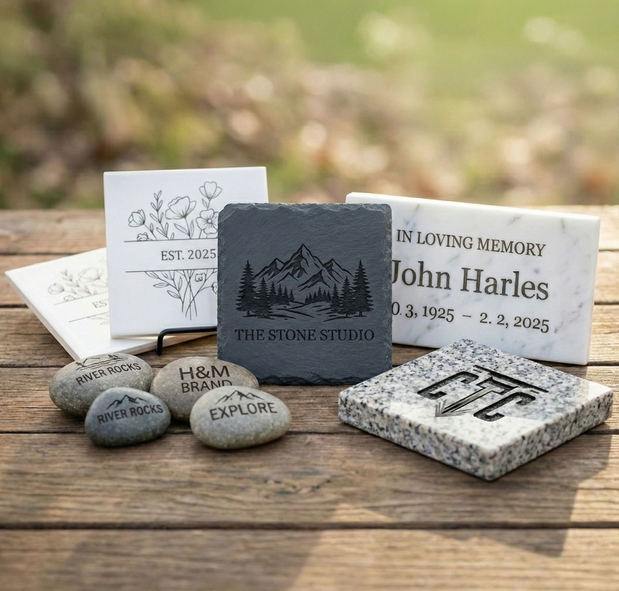 Collection of memorial and branding stones on wooden surface, including engraved stones with mountain and tree design, text 'The Stone Studio', 'In Loving Memory John Harles', and branded stones with 'River Rocks', 'H&M Brand', and the CTC logo.