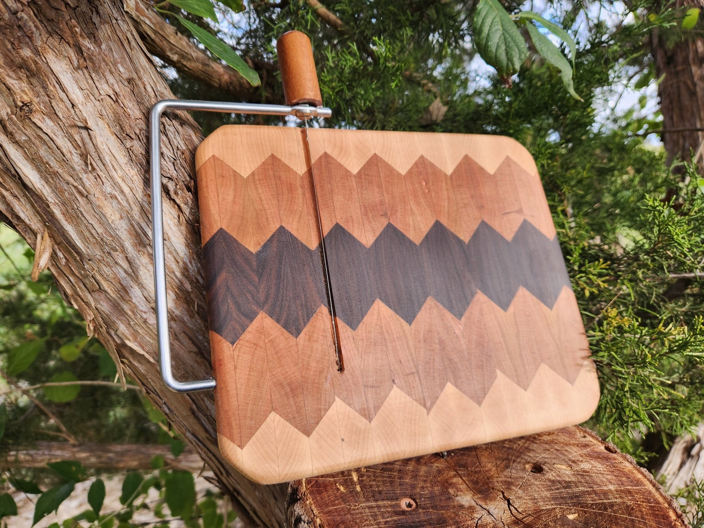 End Grain Cheese Cutting Board with Cherry Maple and Walnut Wood ~ Integrated Wire Cutter with Wood Handle