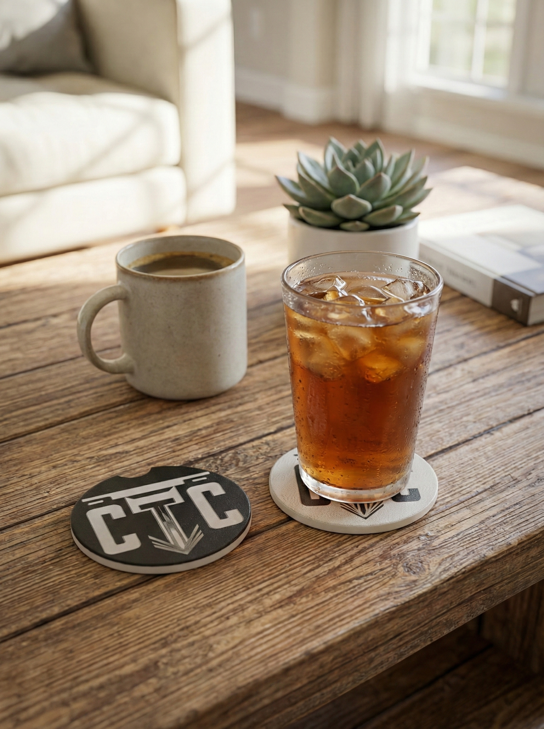 Custom Engraved Ceramic Car Coasters | Personalized Logo or Design | Black & White