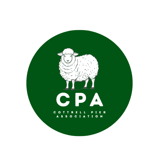 Logo for Cottrell Pier Association featuring a white sheep on a green circle with the initials 'CPA' and full name underneath.