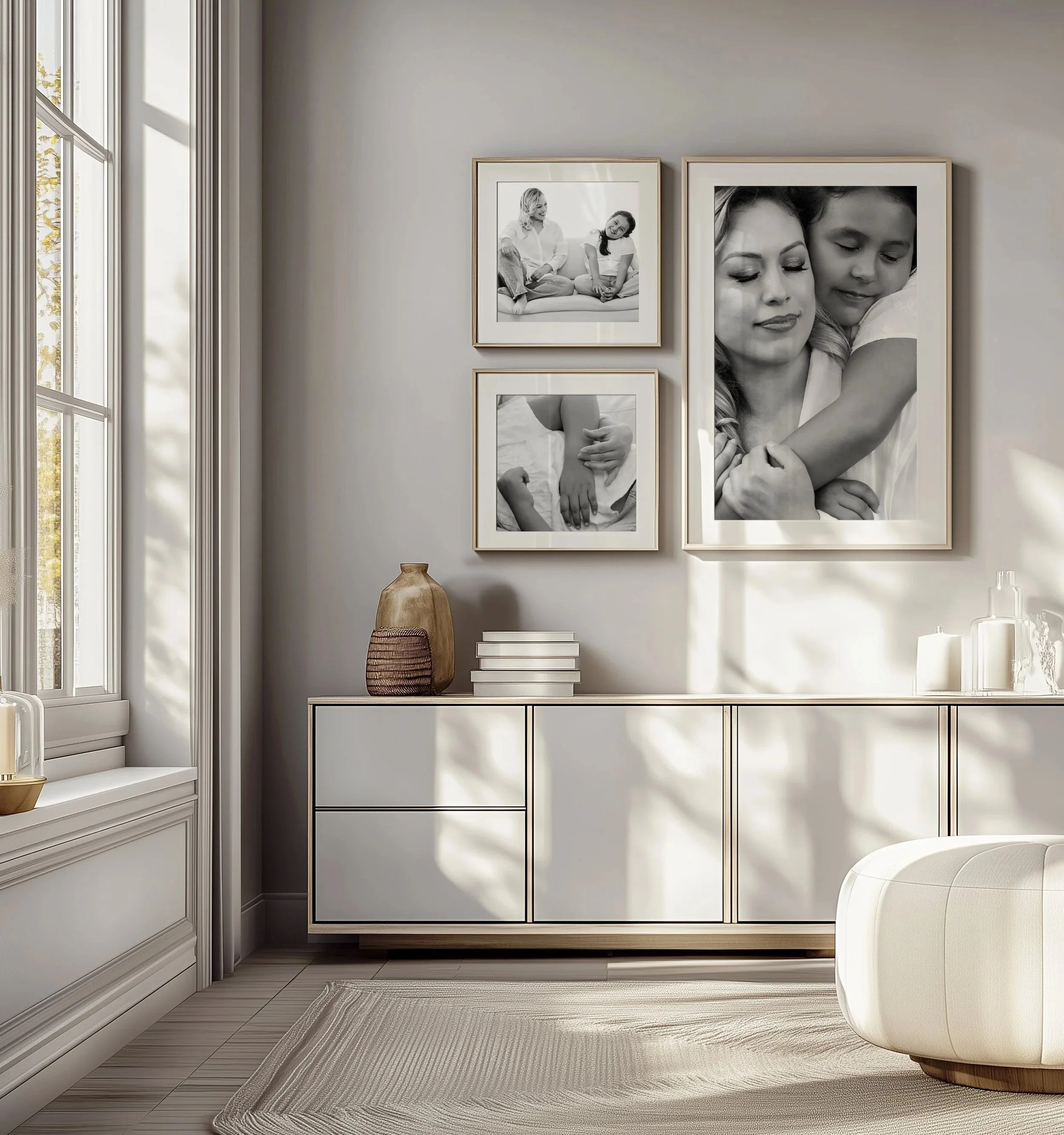Living room with framed black-and-white family photos on wall, white cabinet, beige rug, and a white chair.