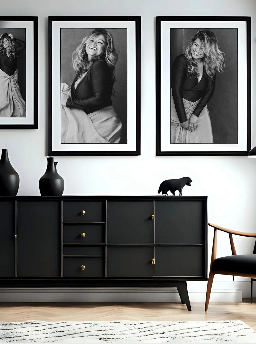 Interior scene with three black-and-white Art of You portraits on a white wall