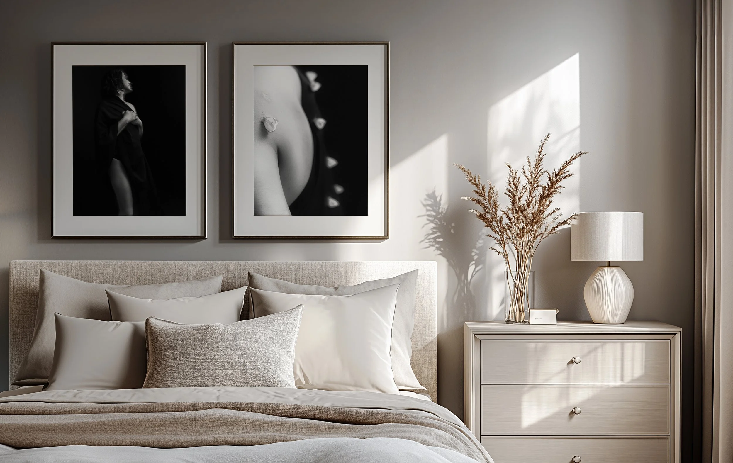 Master bedroom with wall art above headboard