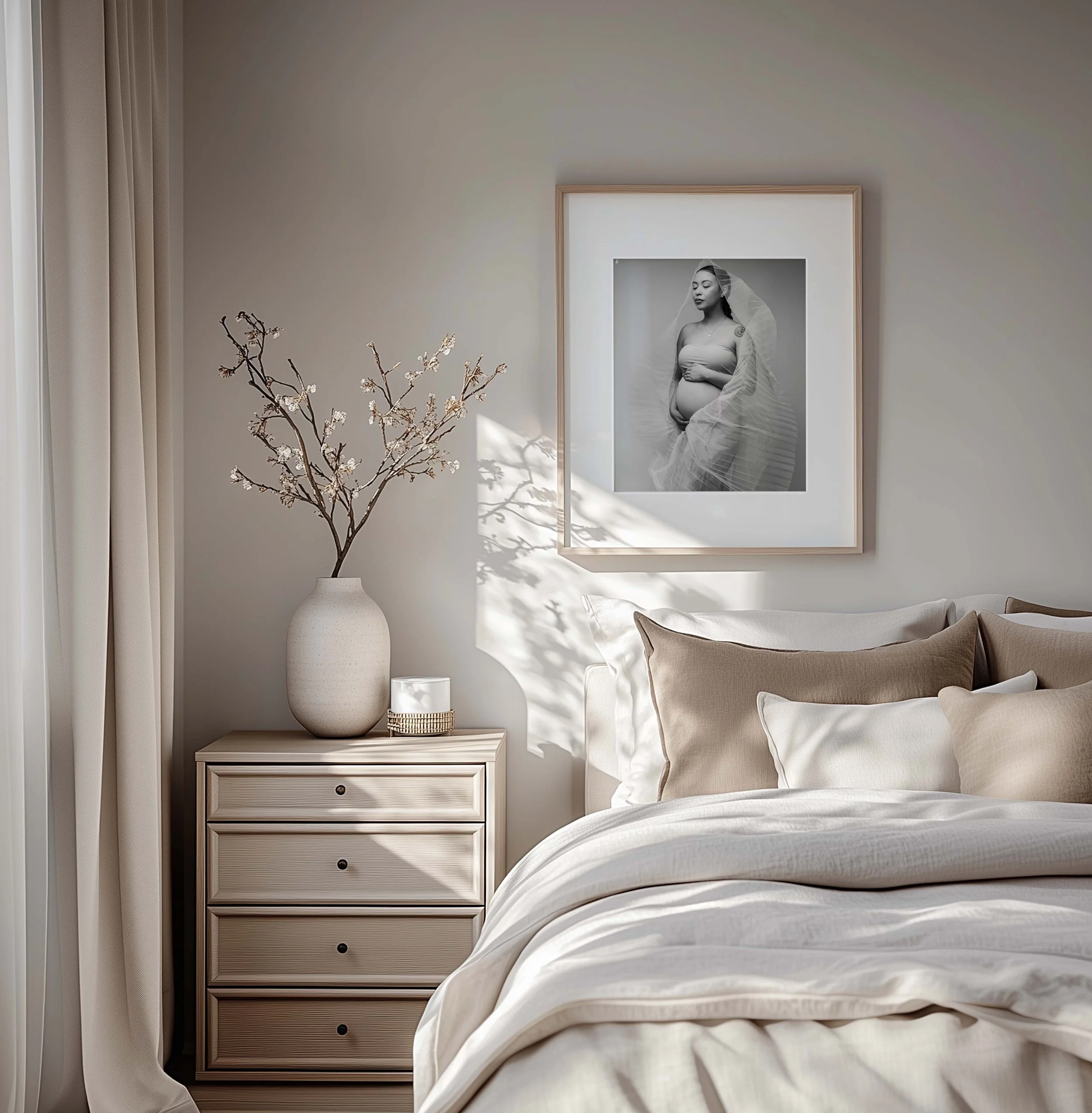 Bedroom wall displaying maternity portrait