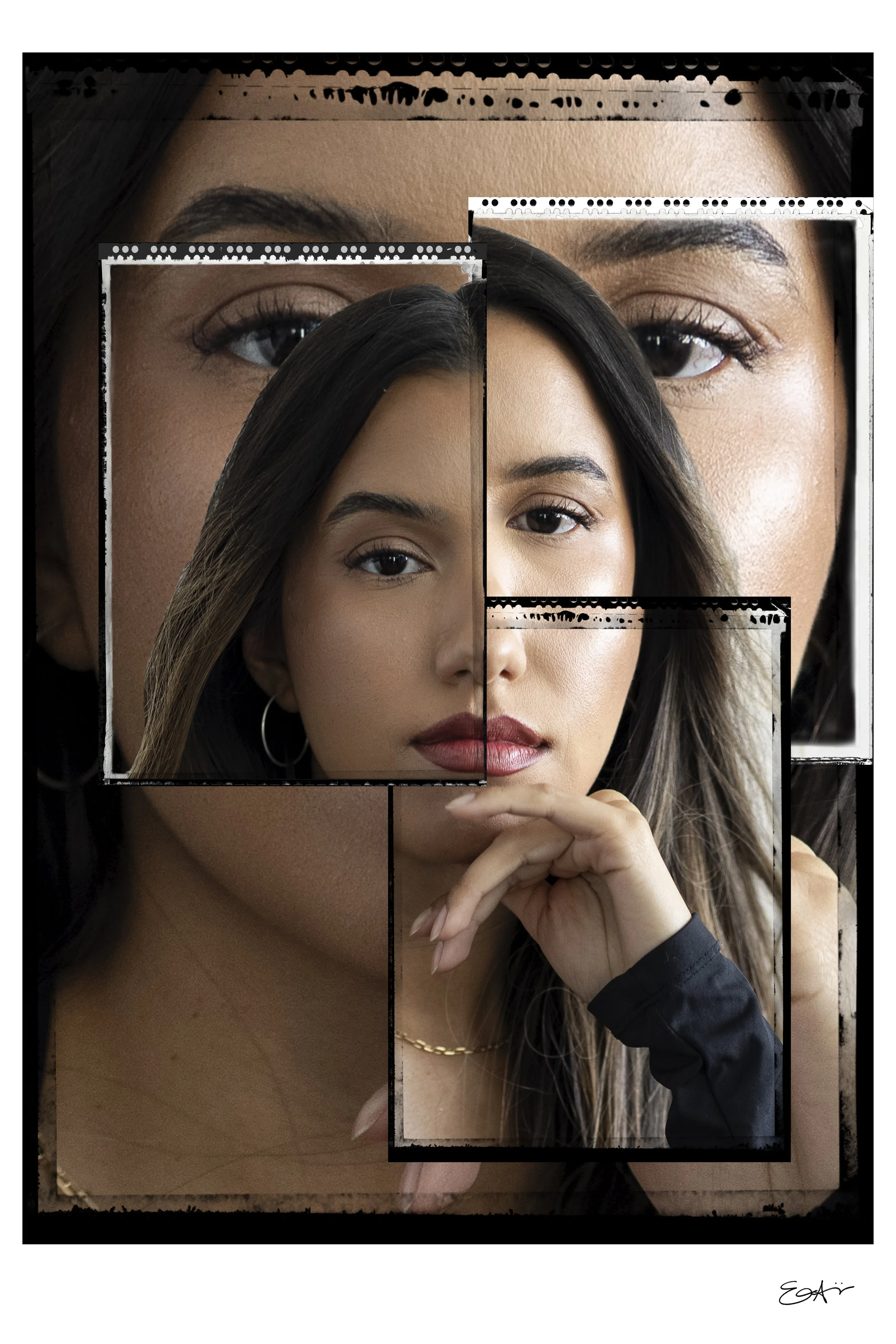 A collage of overlapping photographs of a woman with long brown hair and light skin, featuring close-up shots of her face and eye details, with some images edited with black and white effects and a textured black border, signed with initials in the bottom right corner.