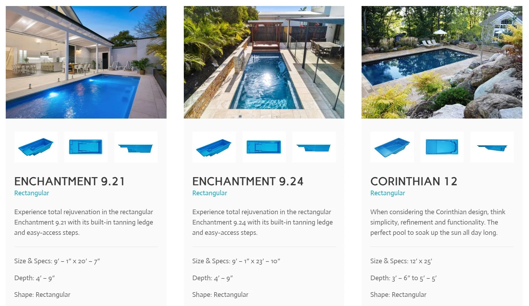 Three different types of swimming pools with detailed descriptions and specifications, including images of each pool model, Enchantment 9.21, Enchantment 9.24, and Corinthian 12, showcasing their sizes, shapes, and features.
