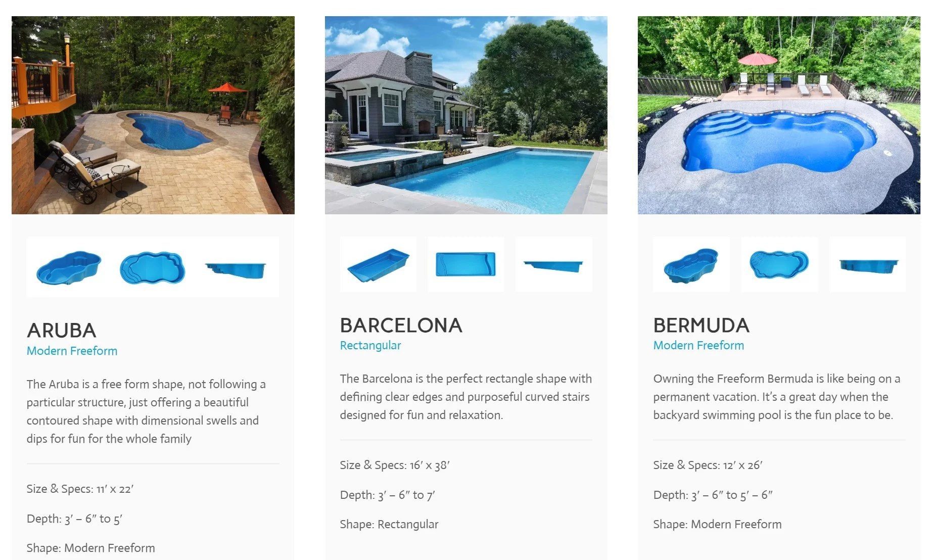 Comparison of three different swimming pools: a freeform pool called Aruba, a rectangular pool called Barcelona, and a modern freeform pool called Bermuda, along with their specifications and features.