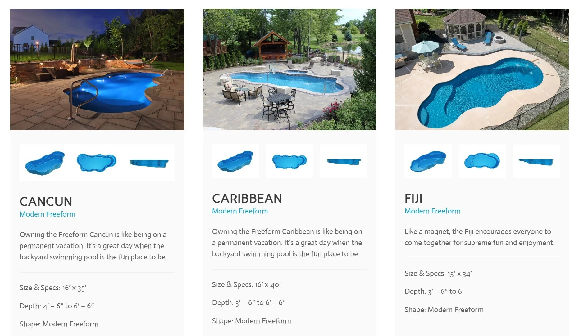 Three different backyard swimming pools with descriptions and specifications. The first pool is a small, kidney-shaped pool at night in a backyard with patio furniture. The second is a medium-sized, irregular-shaped pool in a lush, green outdoor area with patio furniture and a gazebo. The third is a larger, kidney-shaped pool in a backyard with patio chairs and an umbrella.