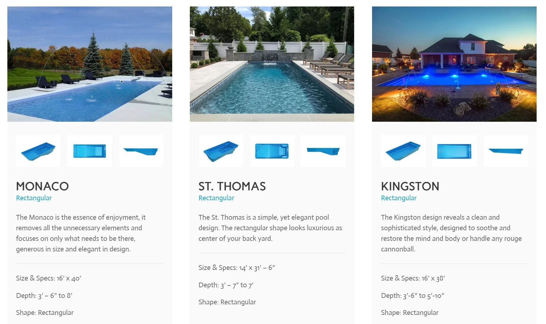 Comparison of three in-ground swimming pools: Monaco, St. Thomas, and Kingston, with images of each pool in use and diagrams of their shapes and dimensions.