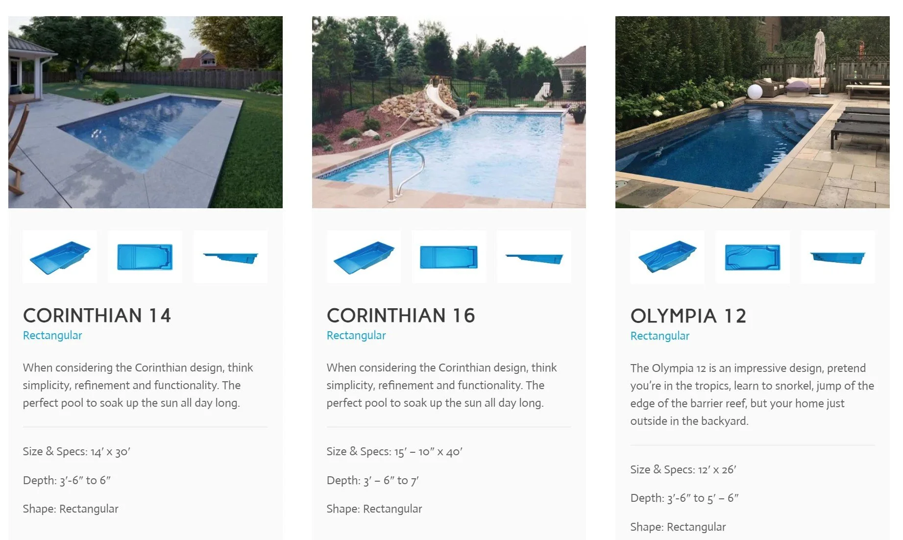 Three images of backyard swimming pools with product options and specifications listed below each. The pools are rectangular with different sizes and depths, surrounded by patios, trees, and outdoor furniture.