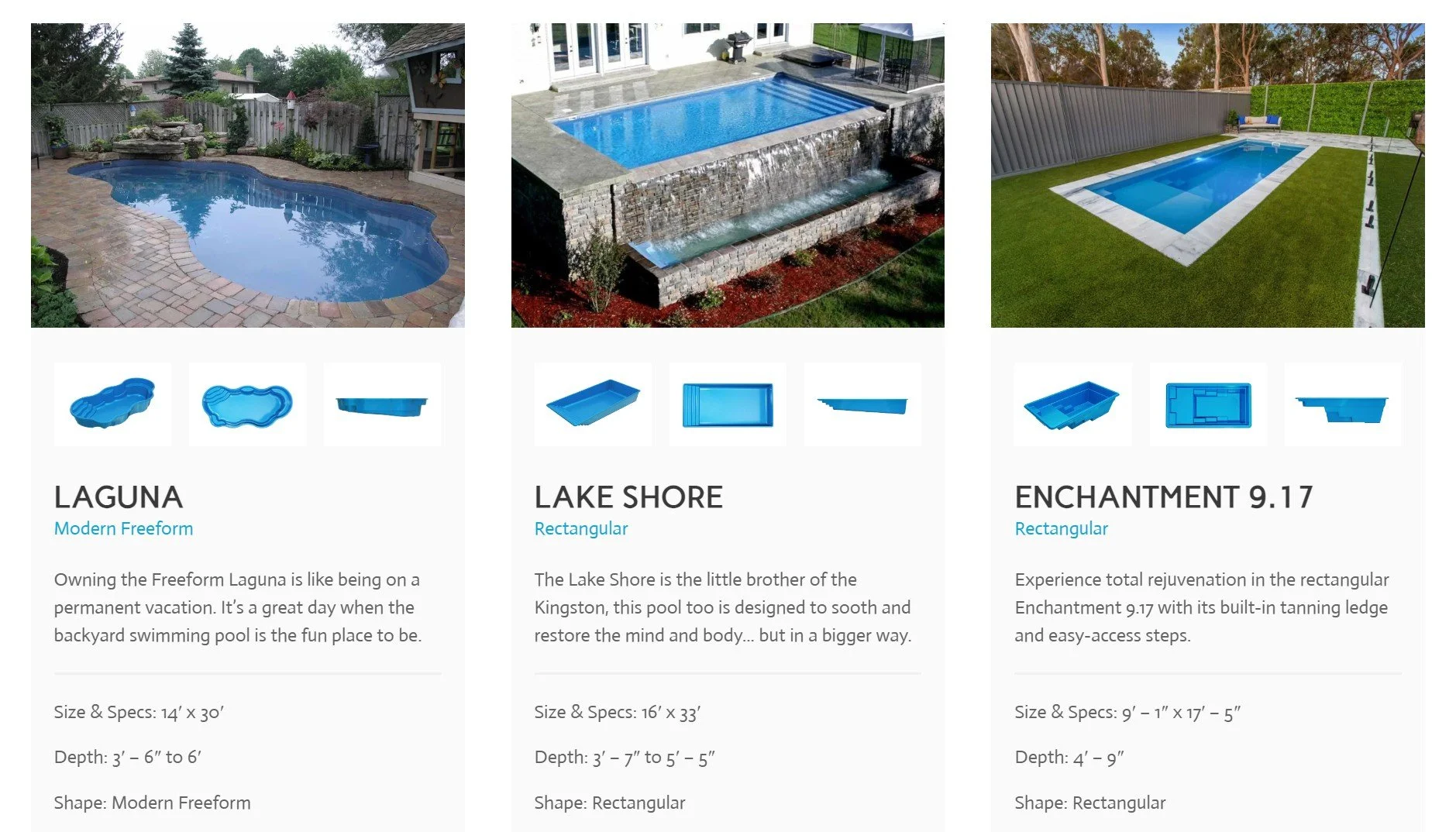 Three different types of backyard swimming pools with their product details. The first pool is a freeform shape called Laguna, the second is a rectangular Lake Shore pool, and the third is a rectangular Enchantment 9.17 pool, each with specific measurements and features.