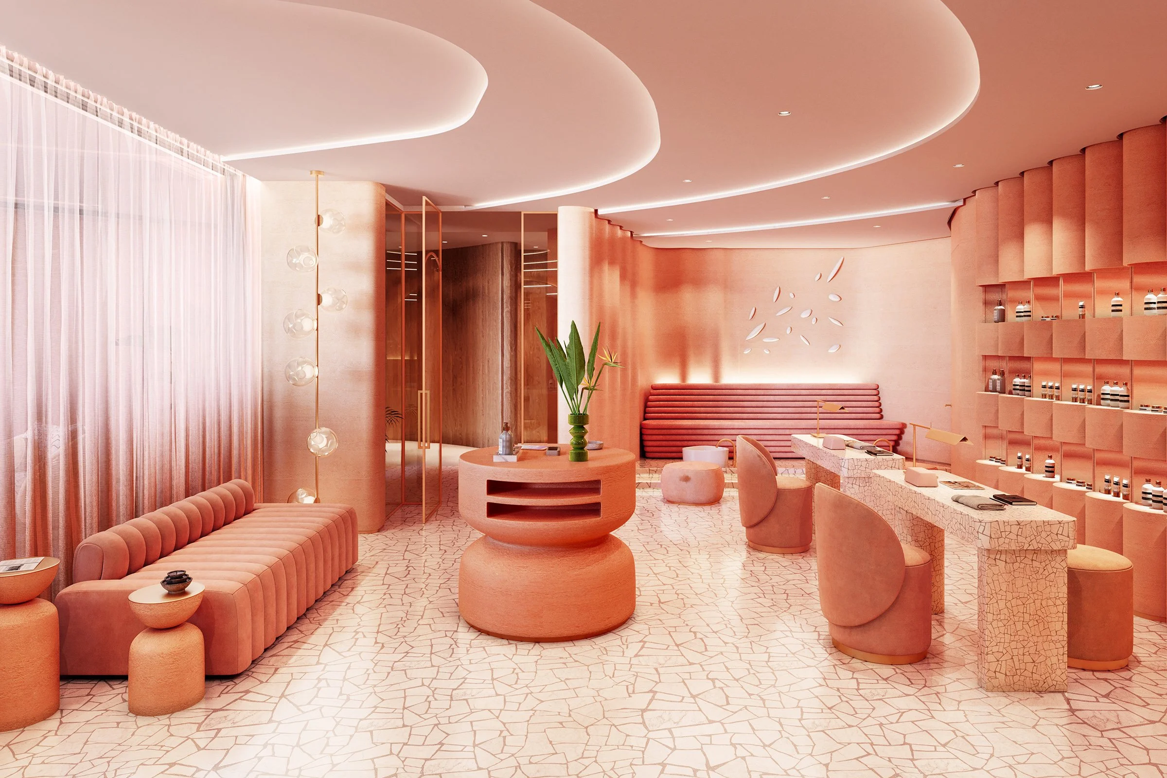 A modern, stylish interior space in shades of pink and coral, featuring curved seating, a central round table with a green plant, decorative items, and a textured tiled floor, with ceiling cove lighting and wall art.