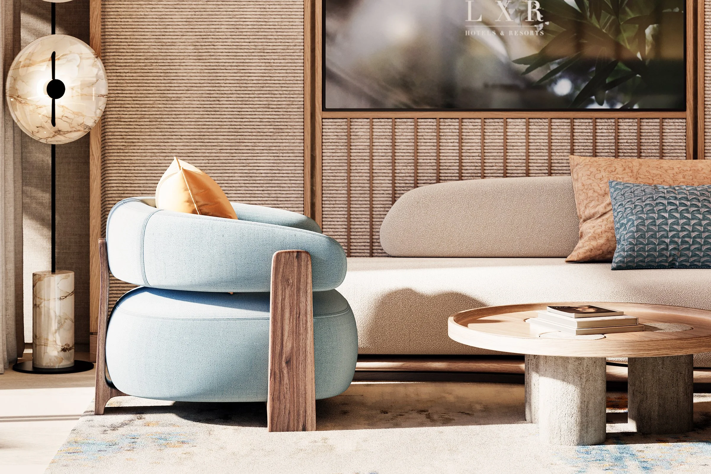 Modern interior living room with a beige sofa, a round coffee table, a light blue armchair, decorative pillows, a rustic wooden wall panel, a floor lamp, a framed wall art piece reading 'LXR Hotels & Resorts,' and a TV mounted on the wall.
