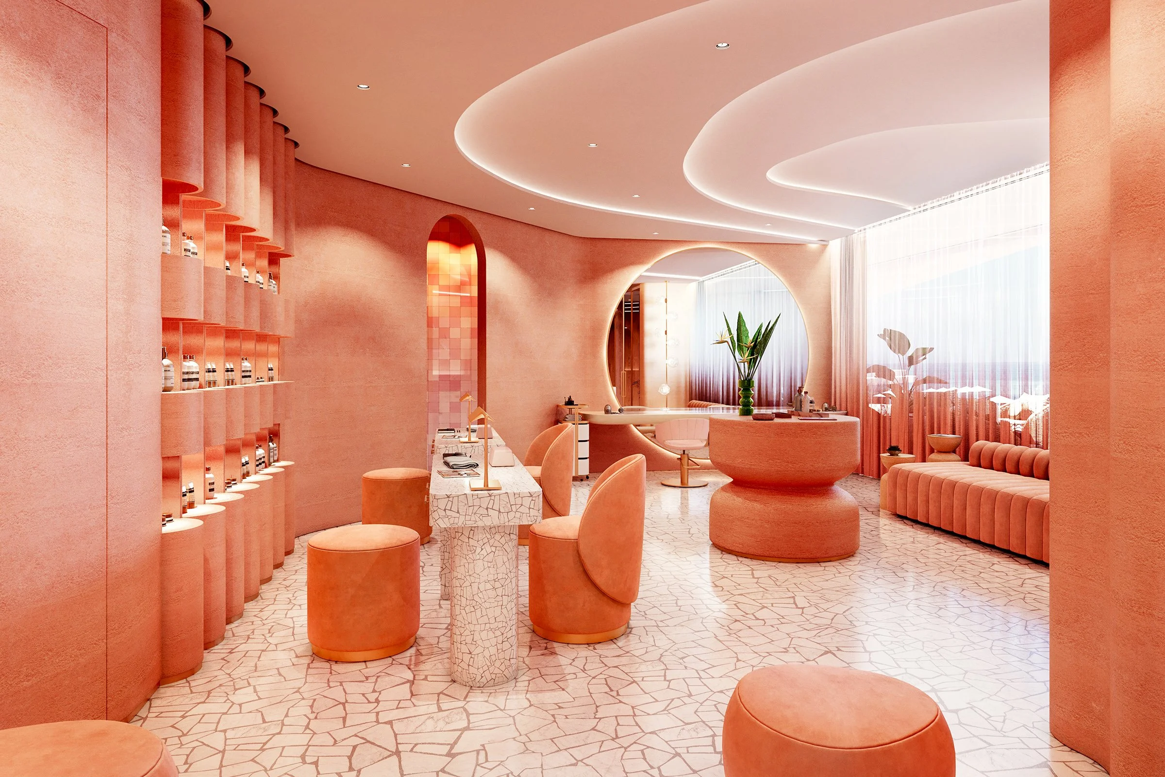 A modern interior with peach-colored walls, curved ceiling design with recessed lighting, round seating, and a marble-topped table. There are plants and a sheer curtain covering large windows, creating a warm and inviting atmosphere.