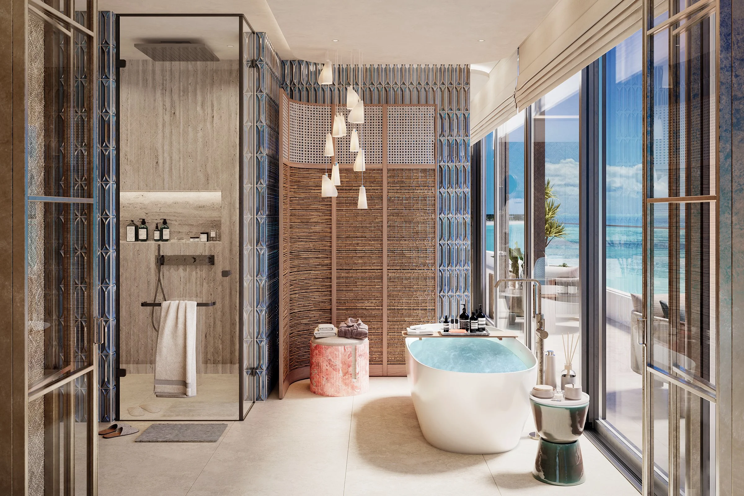 Luxurious bathroom with a freestanding bathtub, pendant lights, and ocean view through large windows.