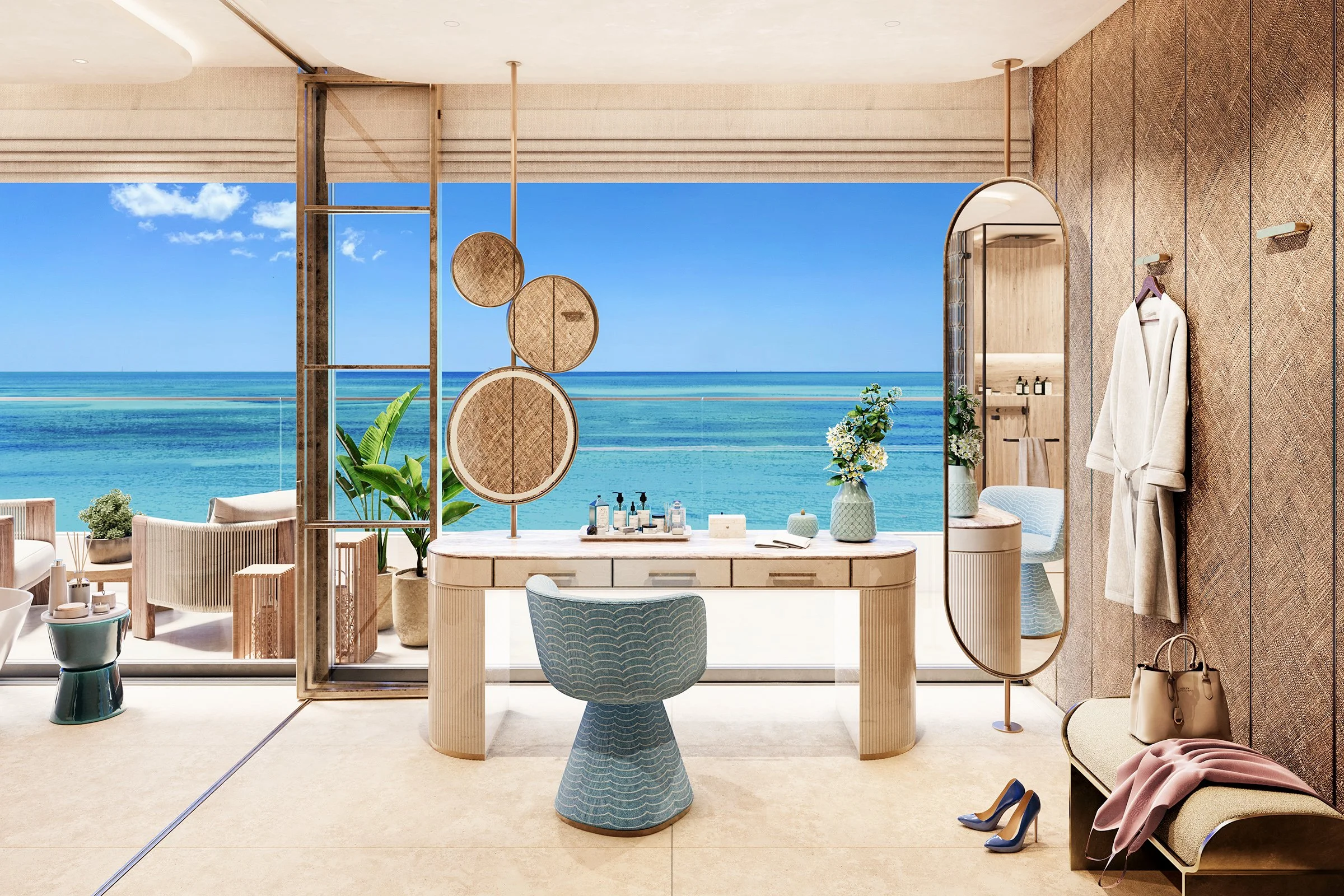 Modern interior living space with a large window showing an ocean view, decorative hanging mirrors, plants, a dining table with vases, and a robe hanging on the wall.