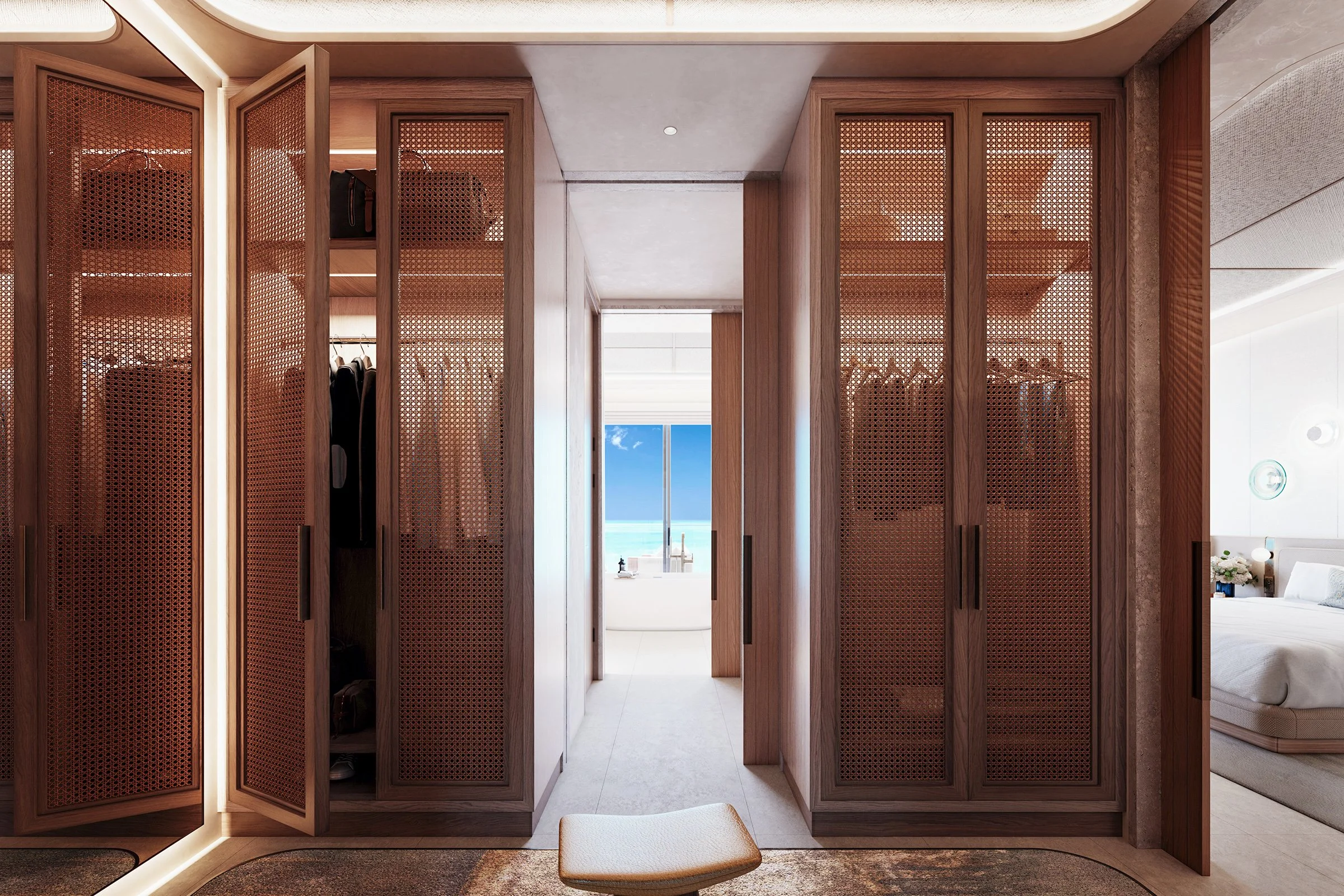 Interior of a modern bedroom with wooden room dividers and a view of the ocean through a window.