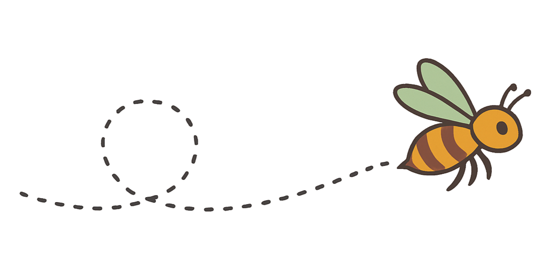 An illustrated bee flying with green wings and an orange and black striped body.