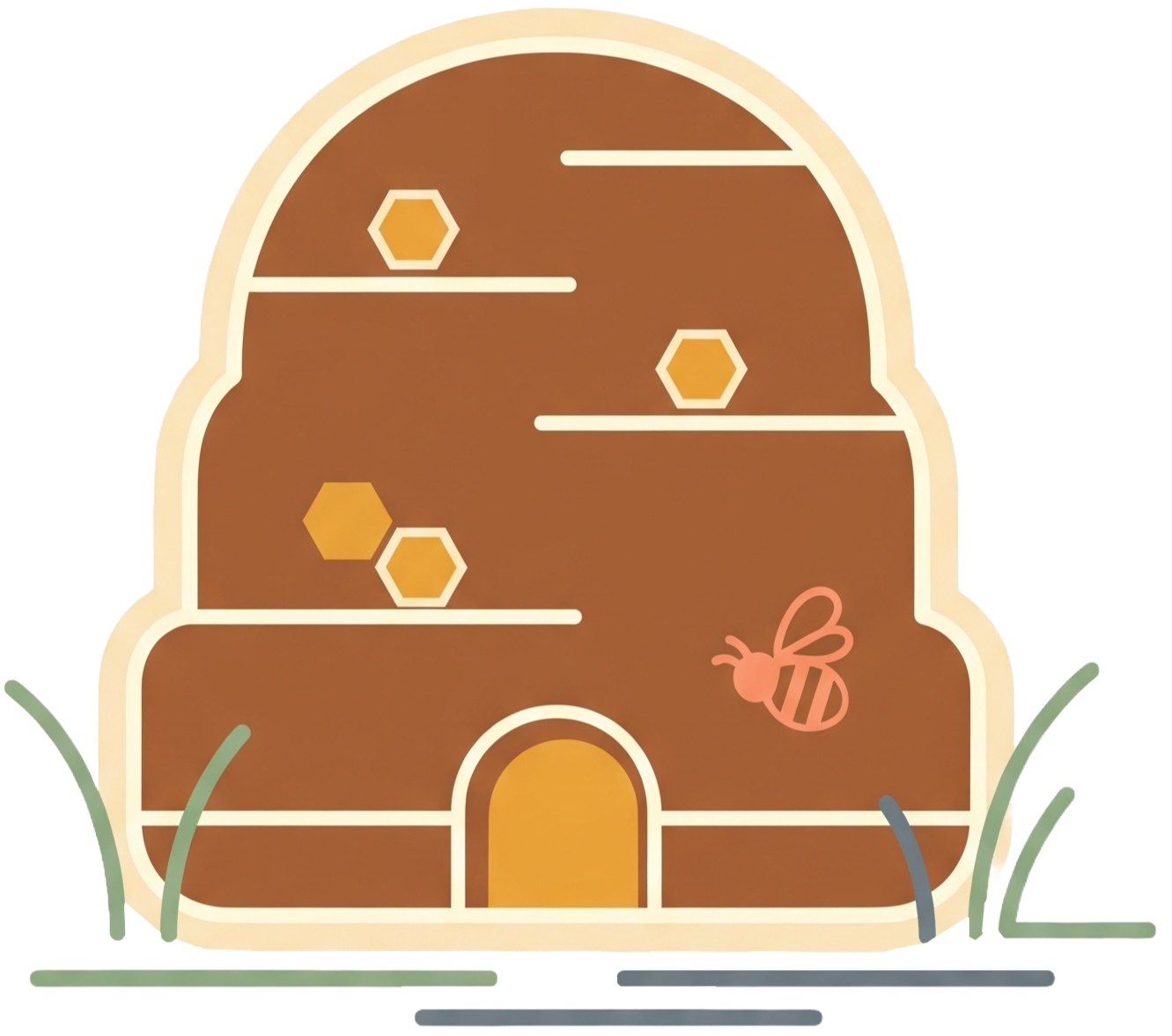 Illustration of a beehive with honeycombs and a bee outside, surrounded by grass.