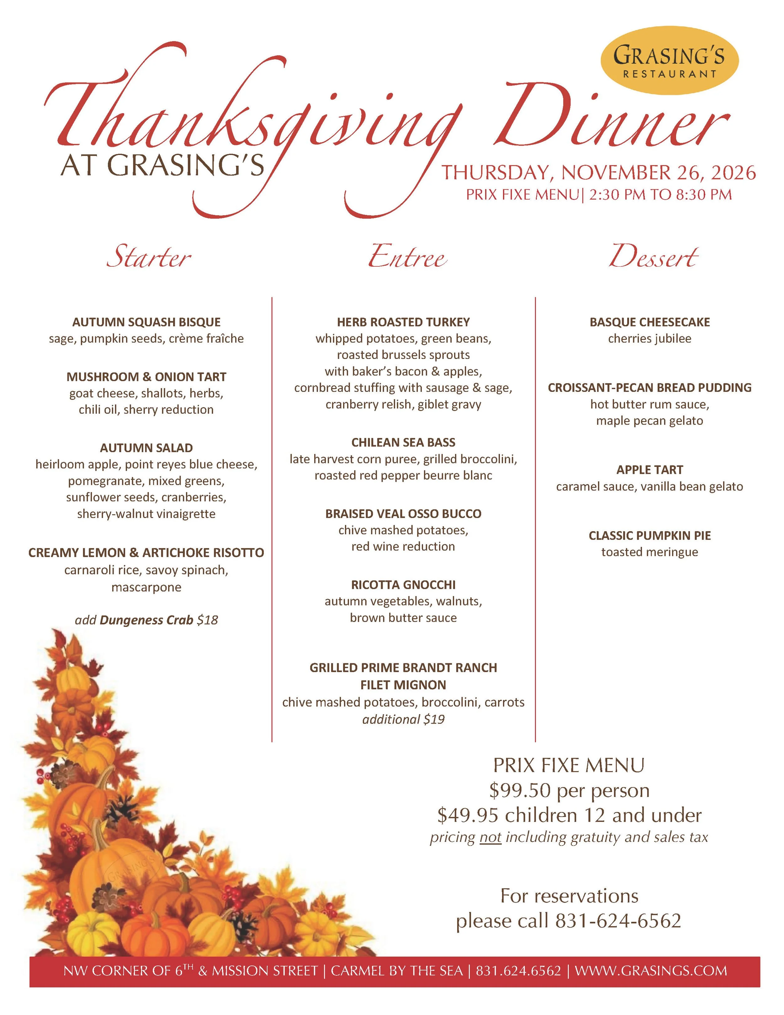 Thanksgiving Prix Fix menu