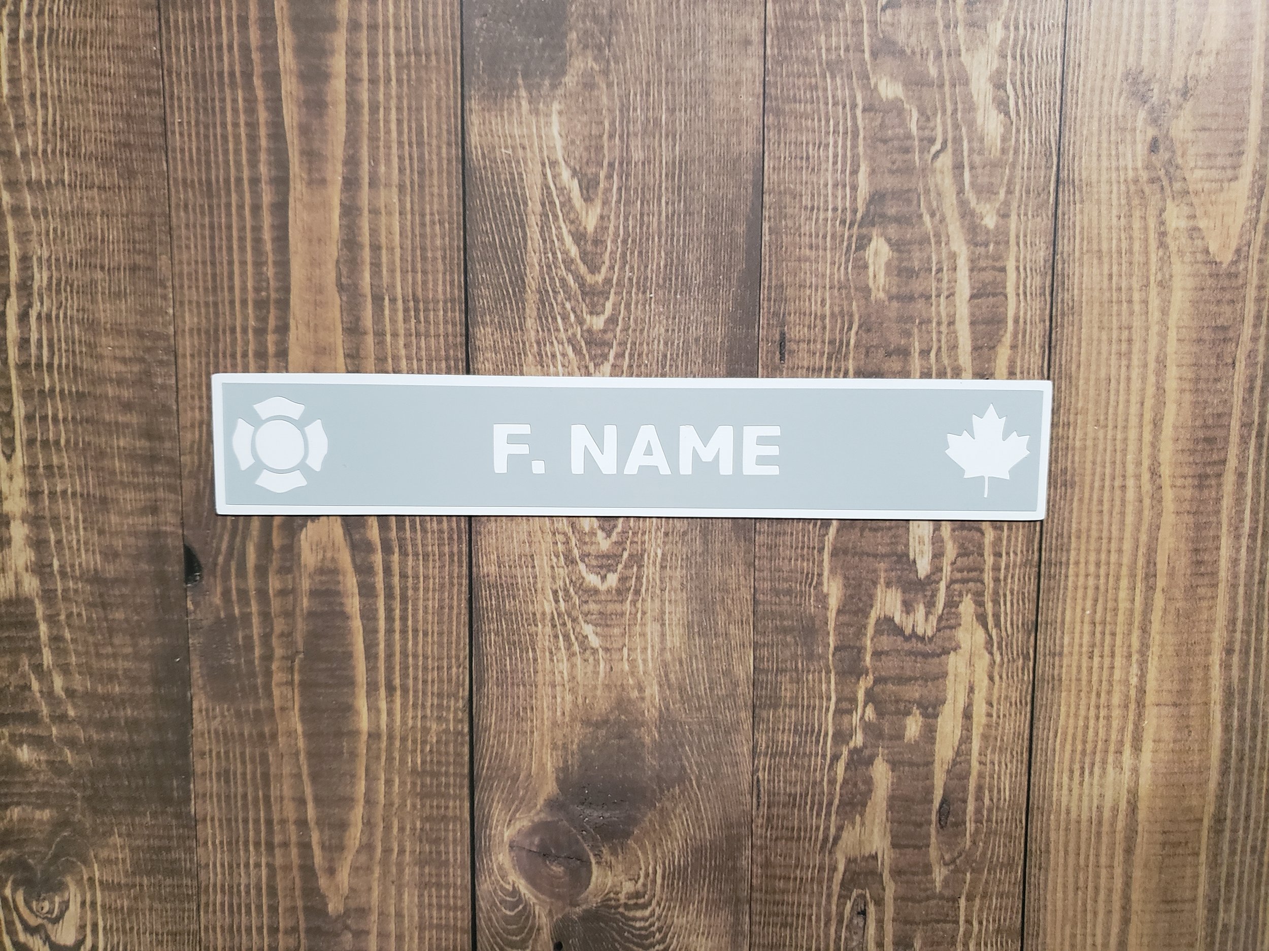 Firefighter Magnetic Name Plate | Fits Ready Rack Plastic Holders | Maltese Cross & Maple Leaf | 6 x 1 inches | Grey on White