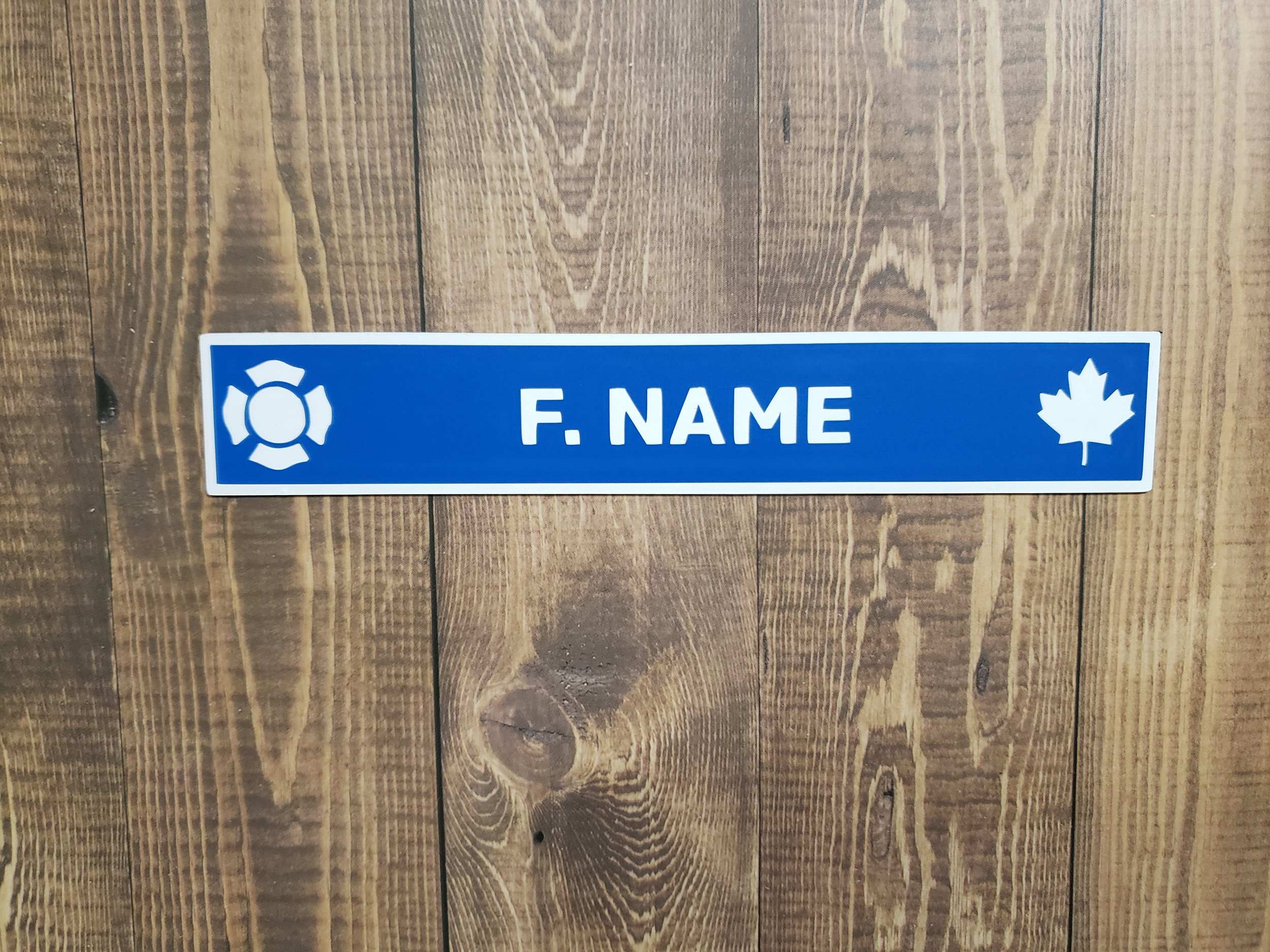 Firefighter Magnetic Name Plate | Fits Ready Rack Plastic Holders | Maltese Cross & Maple Leaf | 6 x 1 inches | Blue on White