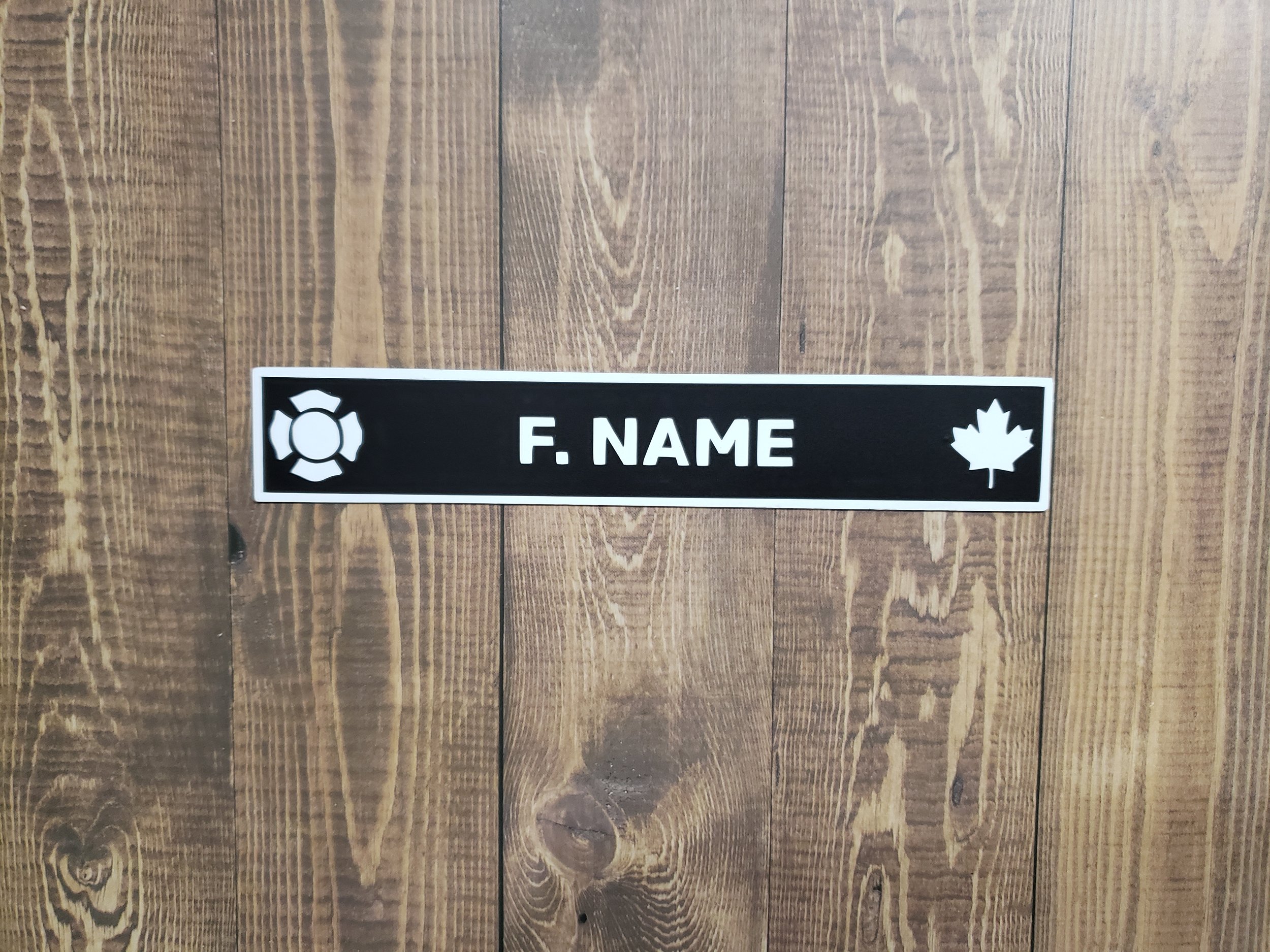 Firefighter Magnetic Name Plate | Fits Ready Rack Plastic Holders | Maltese Cross & Maple Leaf | 6 x 1 inches | Black on White