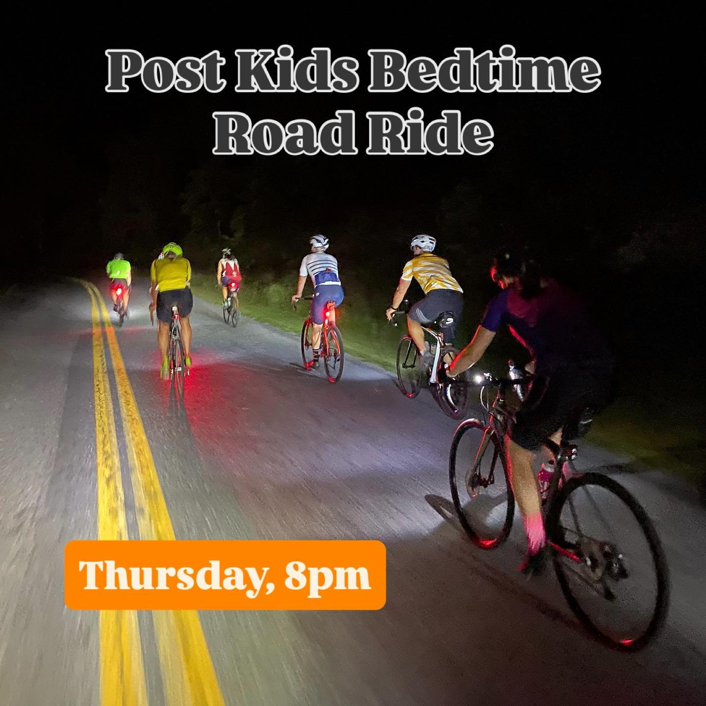 BRING YOUR LIGHTS! It&rsquo;s a new weekly ride! Every Thursday night at 8pm on the SBC patio. Around 20 miles, 12-14mph pace. Put the kids to bed, then come out and ride with us! Hang out on the patio after and maybe enjoy a beverage and some munchi