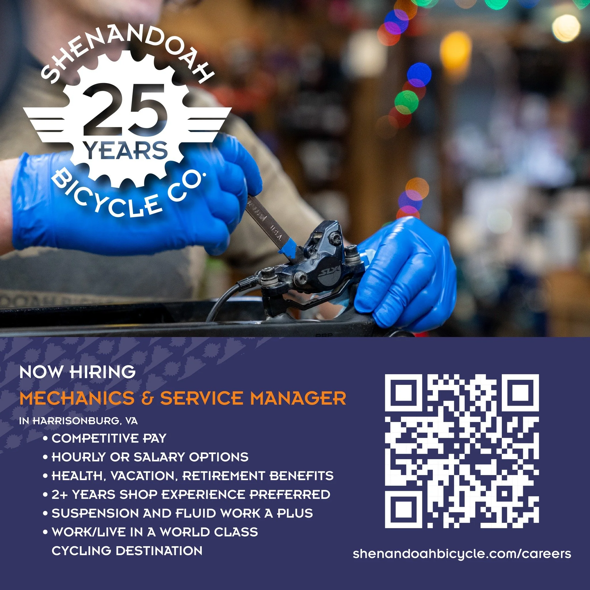 Seeking a community of cycling enthusiasts? Join our team in Harrisonburg, VA as a Mechanic &amp; Service Manager.

Ride and work in a world-class cycling destination and receive great benefits &mdash; perfect for riders ready for a change of pace. 
