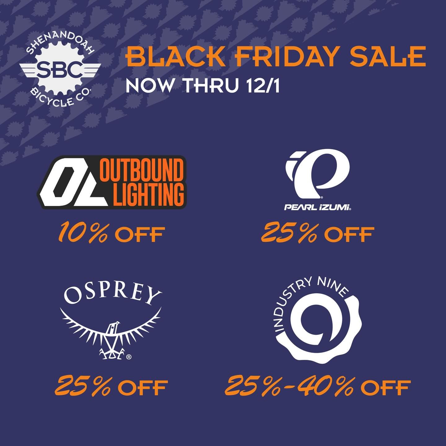Looking to get your shopping done early? Take advantage of these awesome savings on Pearl Izumi, Osprey, Outbound Lighting and Industry Nine now thru Dec 1st!
*ALL PEARL IZUMI PRODUCTS 25% off ⚡️
*ALL OSPREY PRODUCTS 25% off ⚡️
*SELECT INDUSTRY NINE 