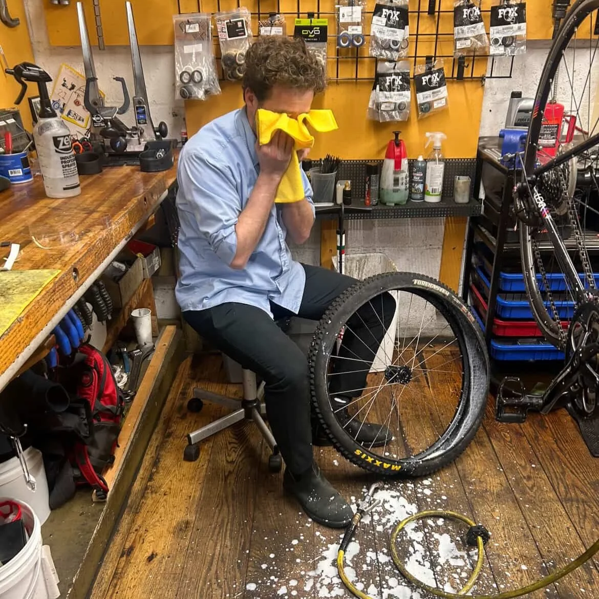 Sometimes accidents happen at SBC when we work on our own bikes&hellip; but there&rsquo;s no need to cry over spilled sealant, Ben! 💥💦😭