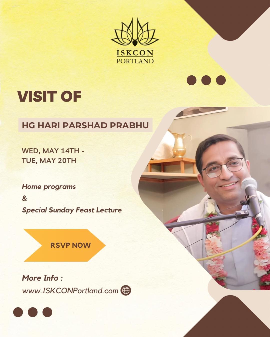 Please join us in programs with HG Hari Parshad prabhu from May 14th to May 20th.

For more details click on  bio @iskconportland or visit website https://www.iskconportland.com/visiting-devotee