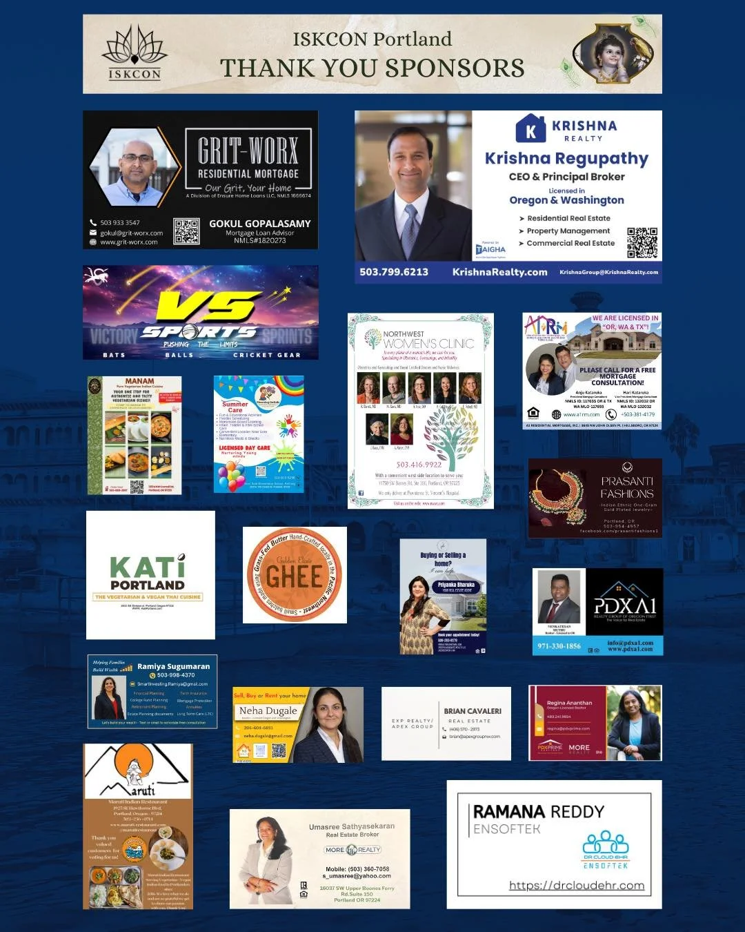 Hare Krishna everyone,

Hope you had a blissful Sri Krishna Janmashtami last Saturday.

We thank all the businesses that sponsored the festival 2025. Here are their names. Please consider supporting them when you are looking for a service they provid