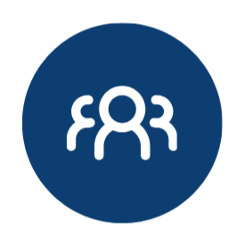 Logo with white interconnected human figures inside a dark blue circle.