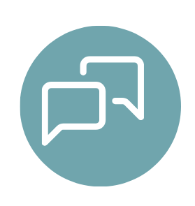 Two overlapping speech bubbles on a teal circular background.