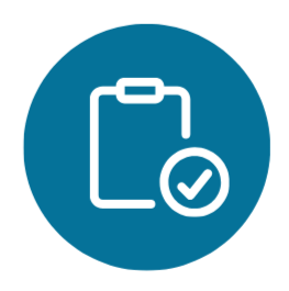 Icon of a clipboard with a checkmark inside a circle on a blue background.