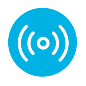 Wi-Fi signal icon with radiating waves inside a blue circle.