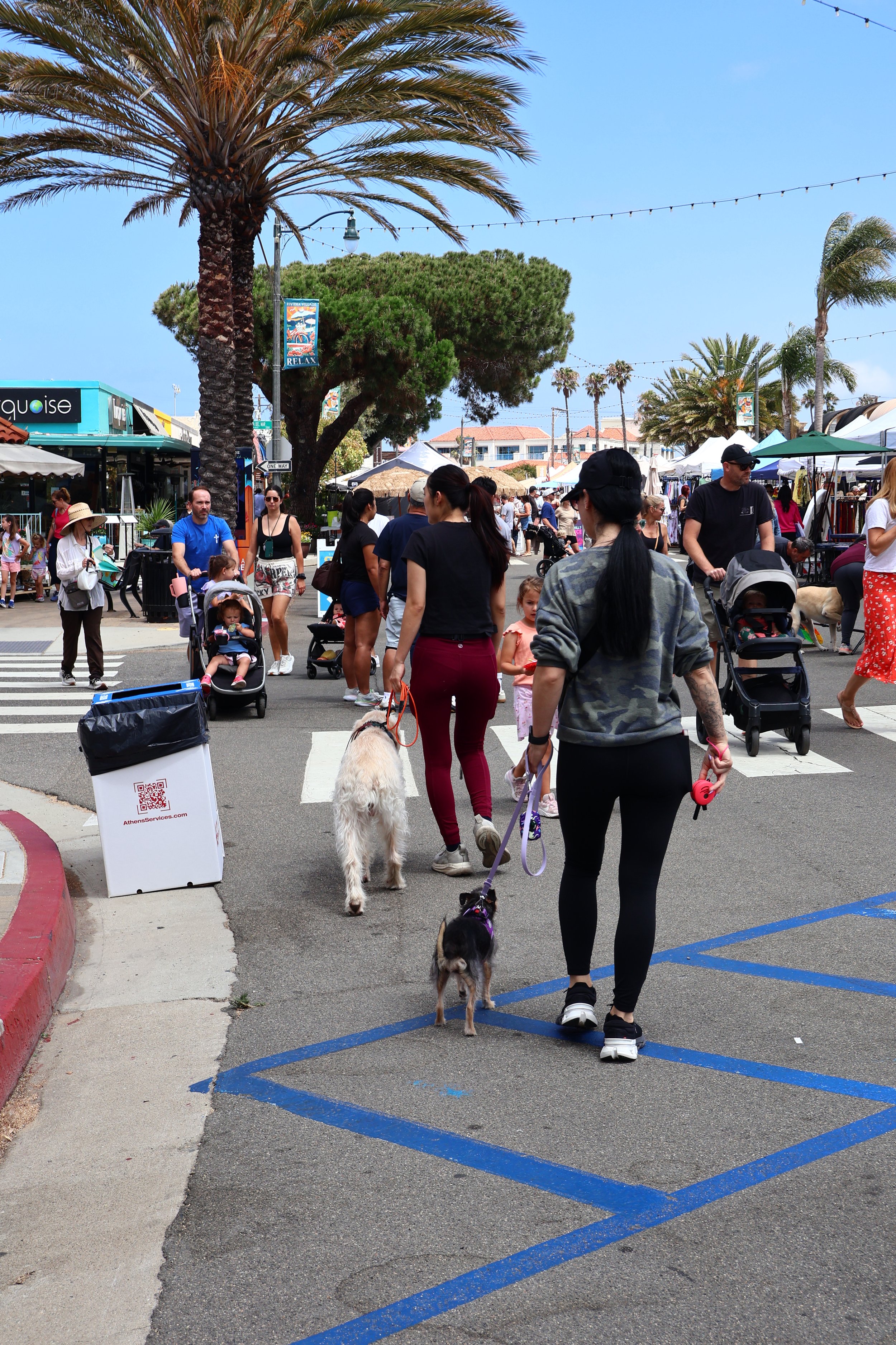 People walking on a street fair or outdoor market, some with dogs, surrounded by palm trees and vendor tents under a blue sky.