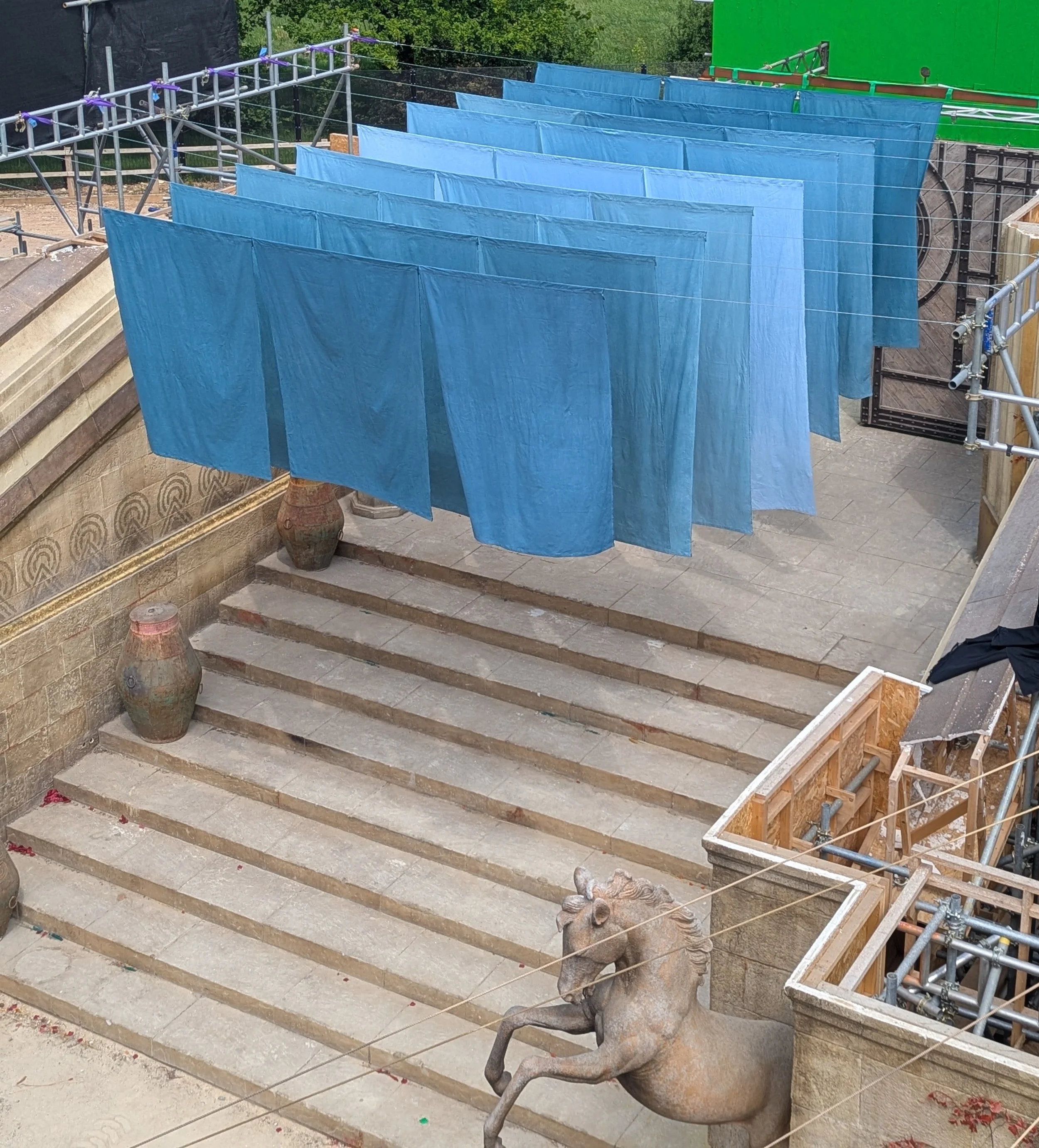 Alan Brooker Drapes, dyed flag display for castle entrance 'Masters of the Universe'