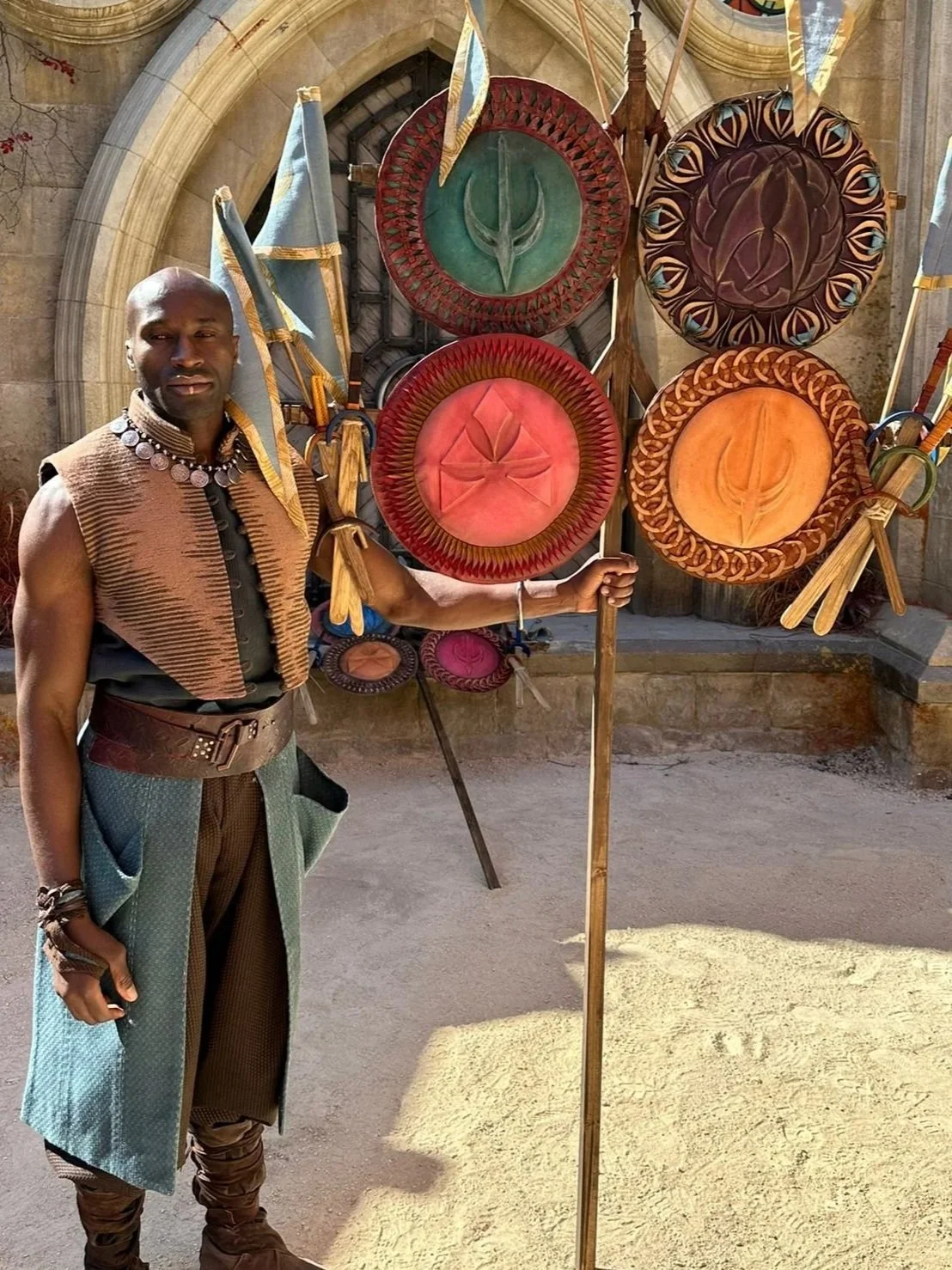 Moulded leather and cut trim detail with dye and paint effects, beautifully prestented on the set of 'Masters Of The Universe', Alan Brooker Drapes.