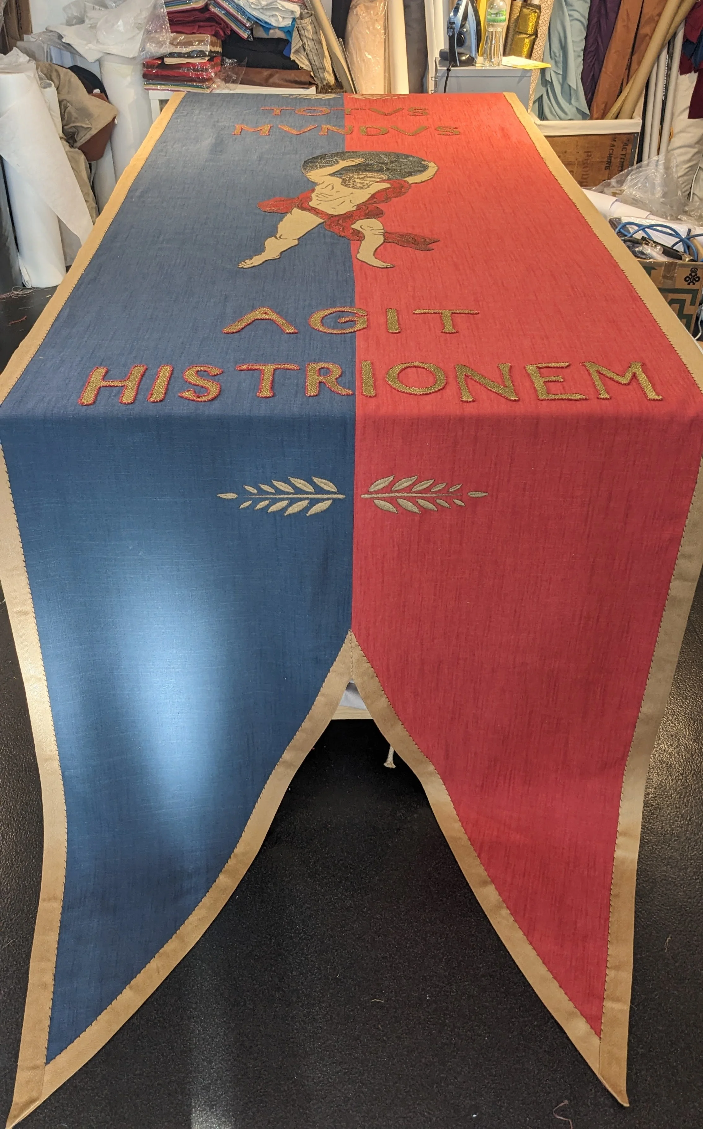 Alan Brooker Drapes, Flag crated for 'Hamnet' with machine and hand embroidery, combining many stitches and techniques. Design by Lisa Williams.