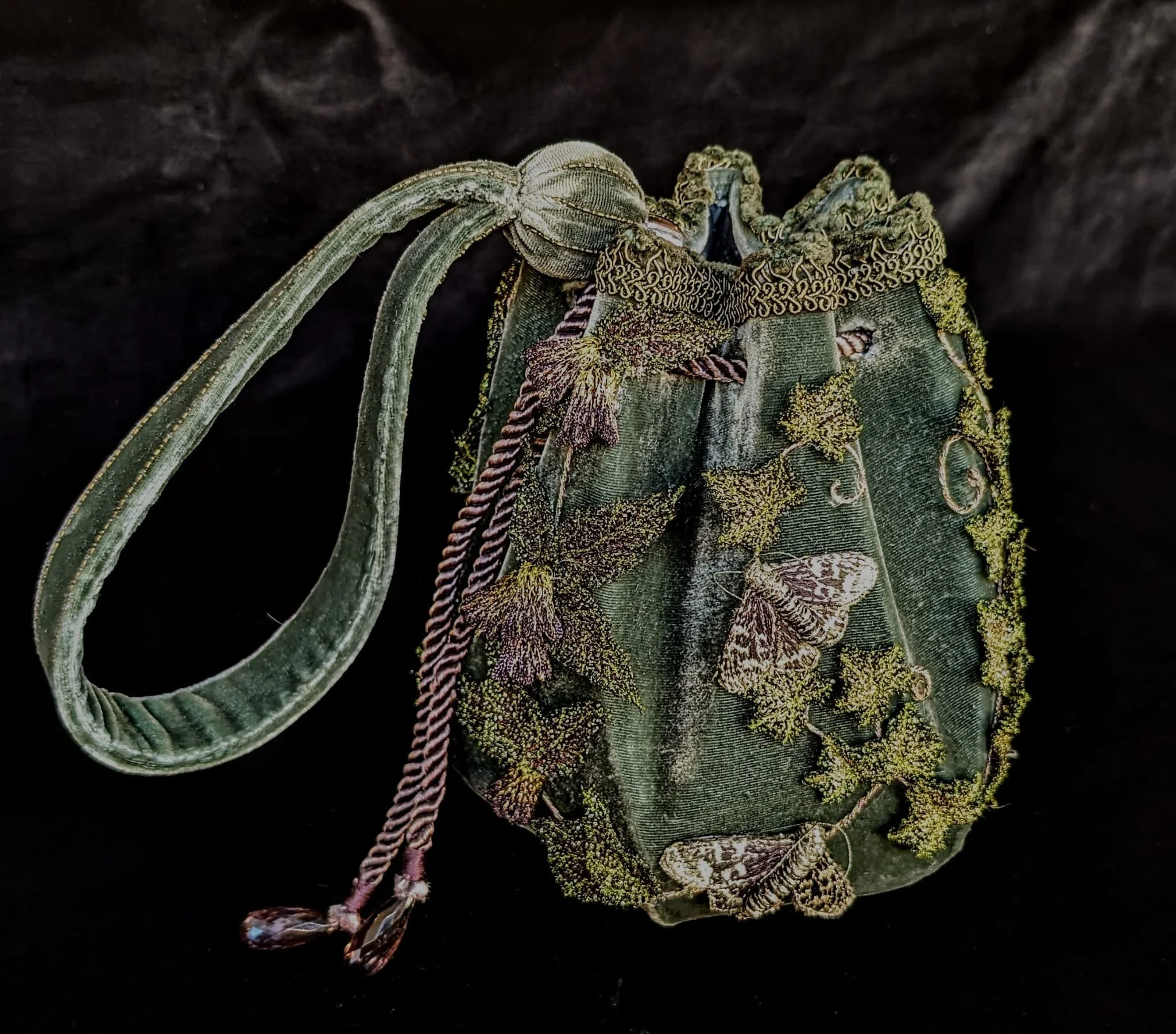 Hand embroidered bag made for 'Practical magic 2'. Alan Brooker Drapes