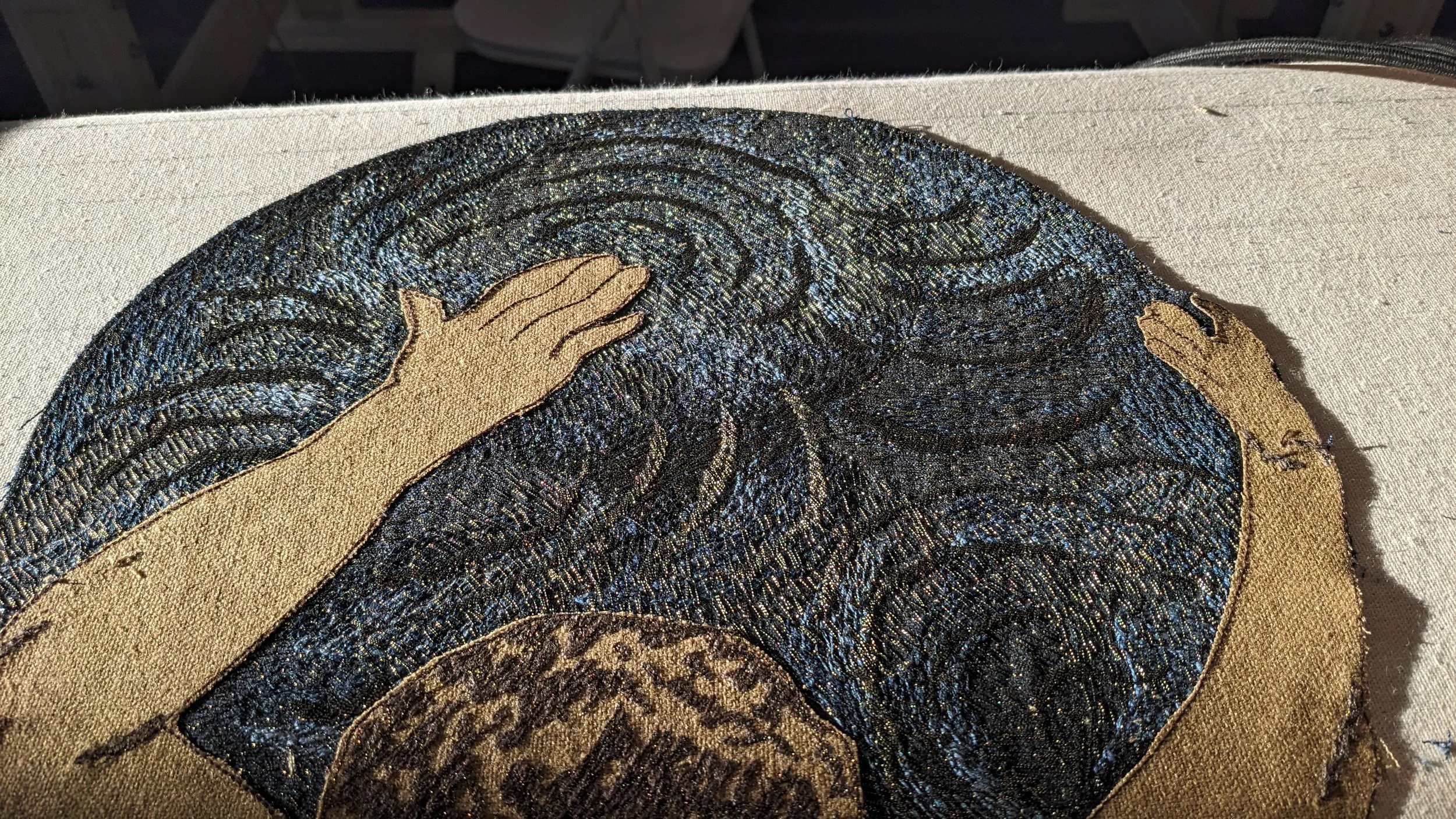 Alan Brooker Drapes, Embroidery section of a flag created for 'Hamnet'. Design by Lisa Williams
