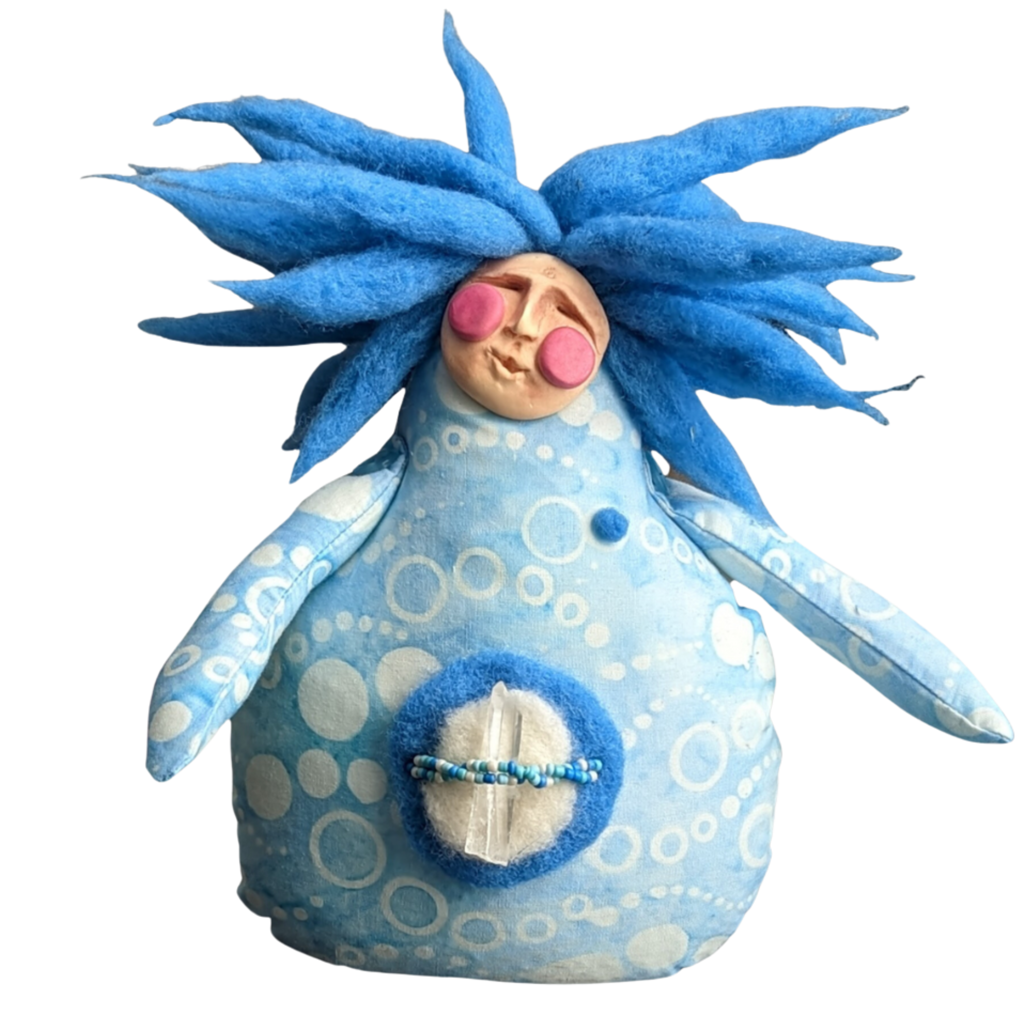 Handmade blue poppet doll with wild felted hair and a small stitched charm on the belly.