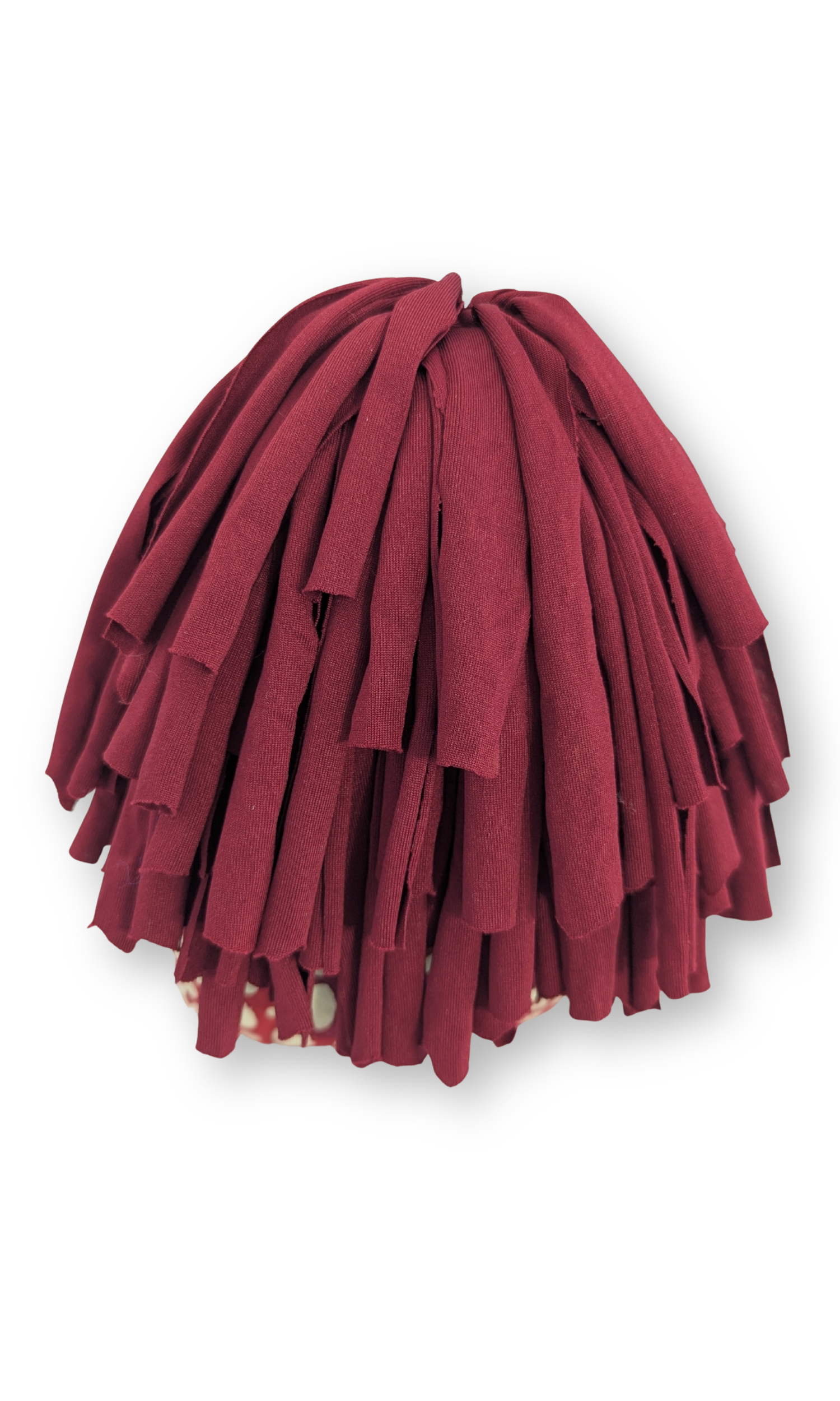 Back view of Peaceful Warrior guardian doll displaying textured wool hair and felted garments