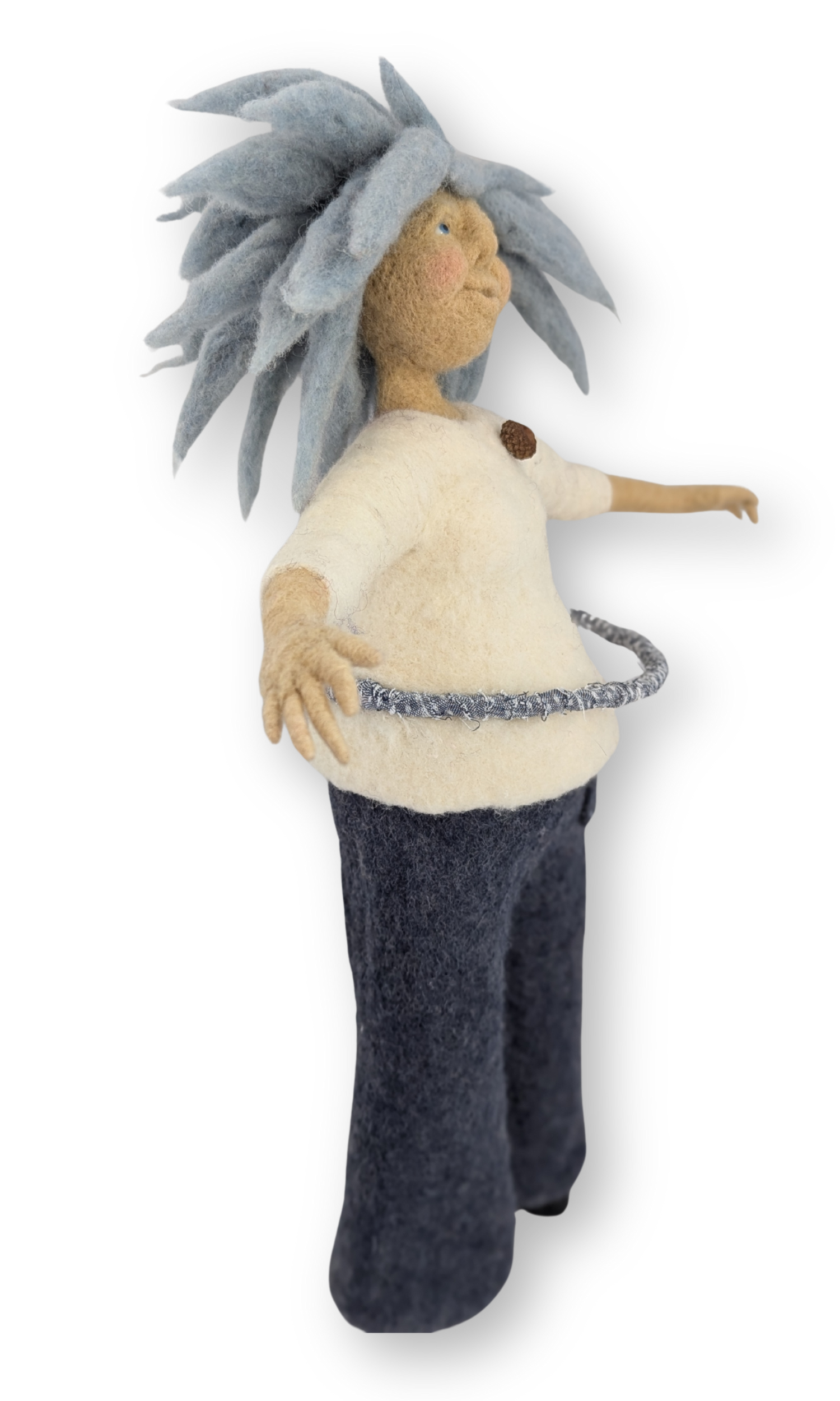 Right side profile of handmade guardian doll with wide stance and hula hoop.